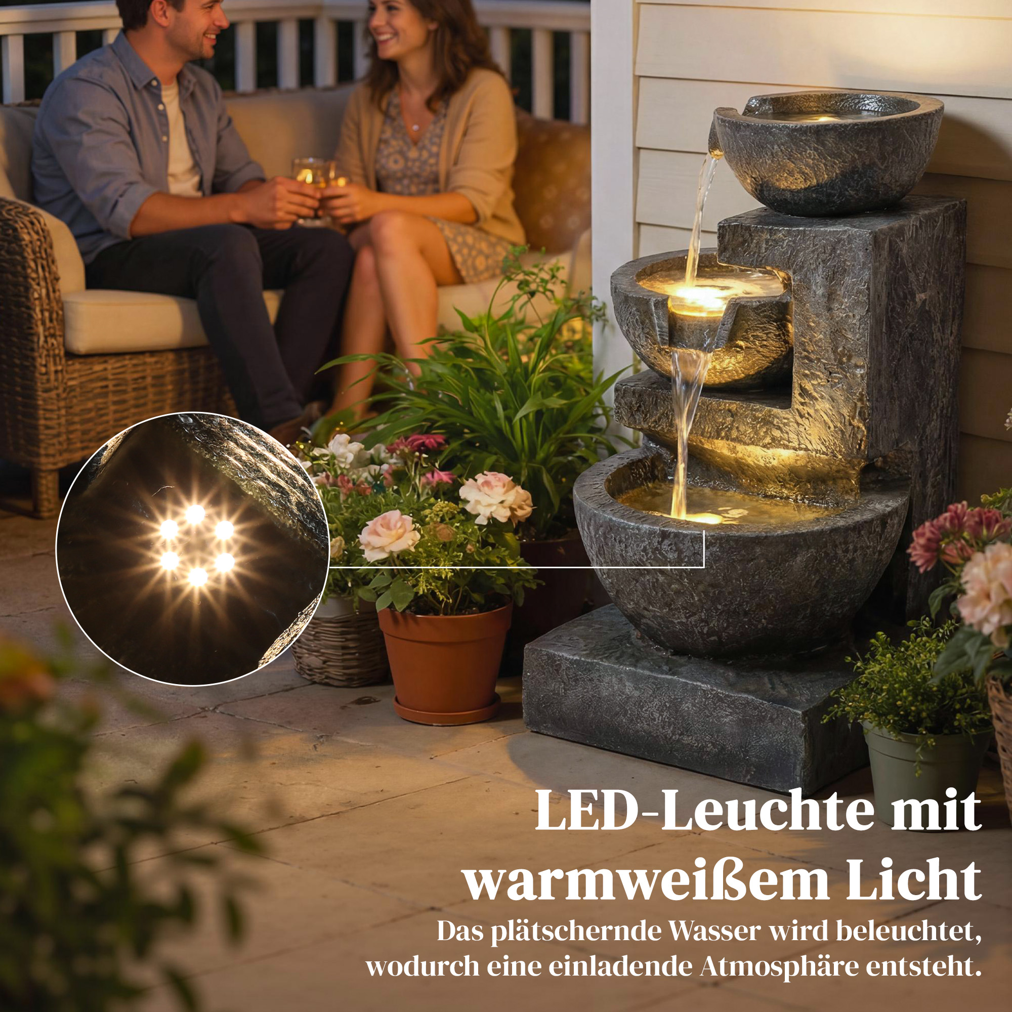 Springbrunnen 3-stufig Gartenbrunnen mit LED Beleuchtung Pumpe Steinoptik, Verstellbar 40 x 37 x 61 cm
