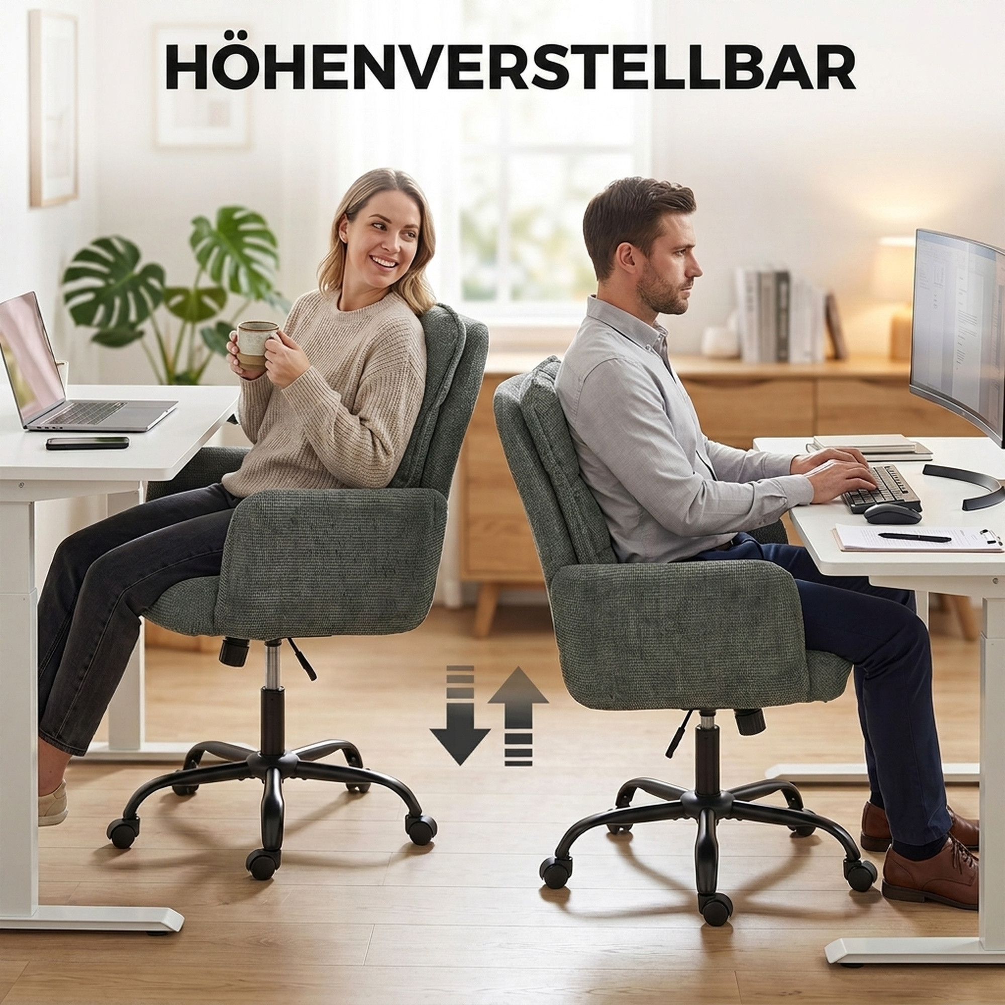 Homeoffice-Schreibtischstuhl, Computerstuhl mit breiter Sitzfläche, mittlerer Rückenlehne, Leinenoptik, Dunkelgrün