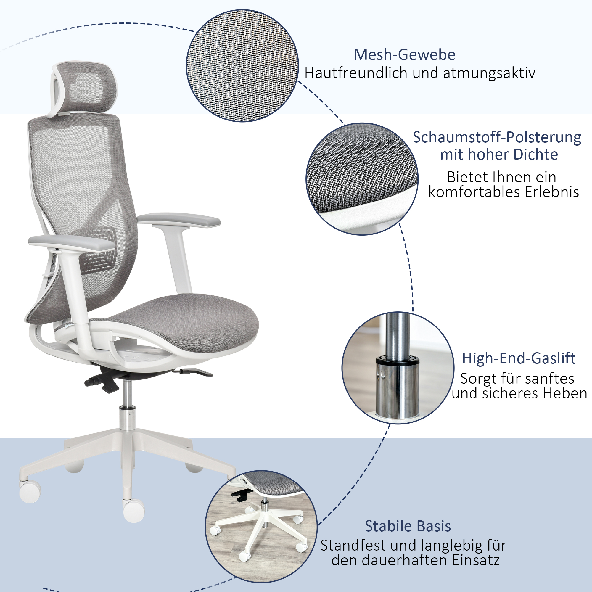 Bürostuhl Schreibtischstuhl Drehstuhl Gamingstuhl mit Kopflehne Lendenkissen 3D-Armlehne 3 Stufen 360°-Drehräder höhenverstellbar ergonomisch Mesh-Stoff Schaumstoff Grau 67 x 65 x 120-128 cm