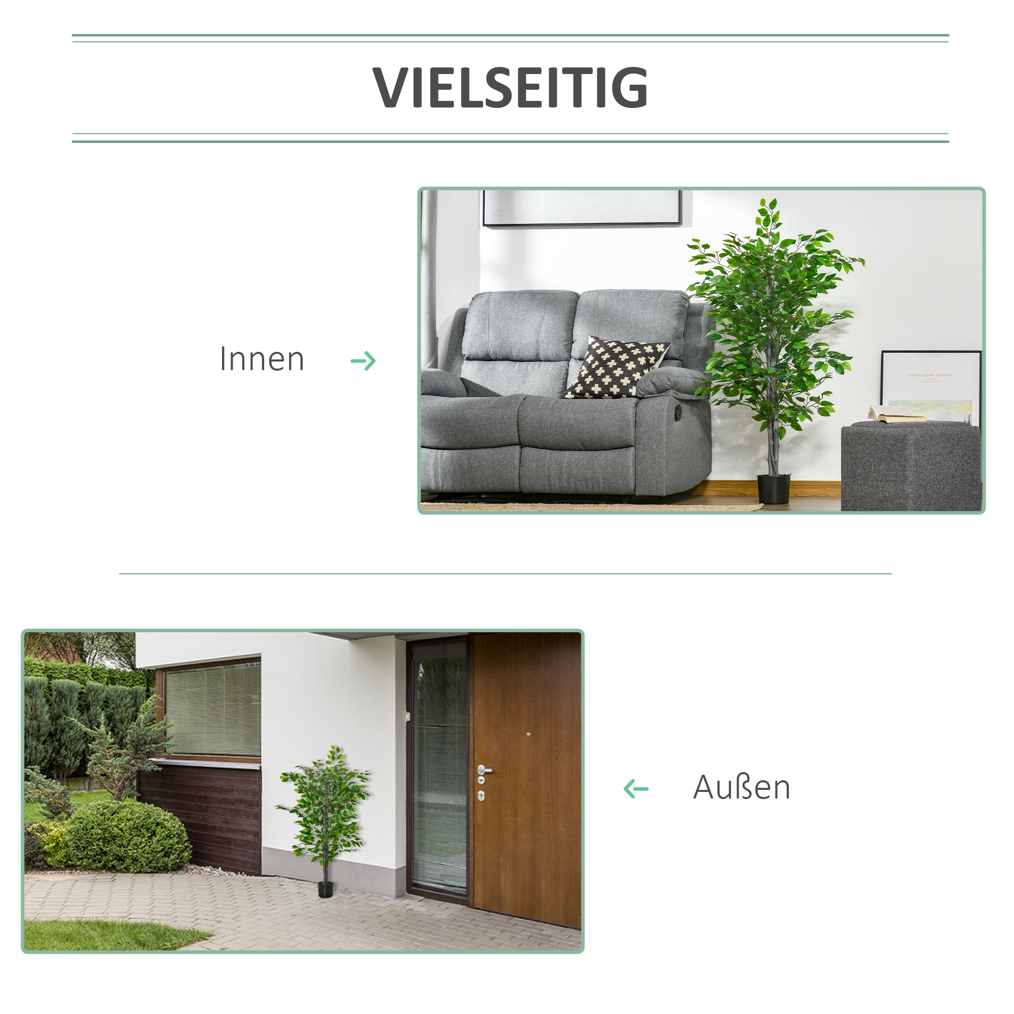 Künstlicher Baum, Ficus-Kunstpflanze, realistisches Aussehen, Zementtopf, 135 cm, pflegeleicht, Kunststoff, Grün