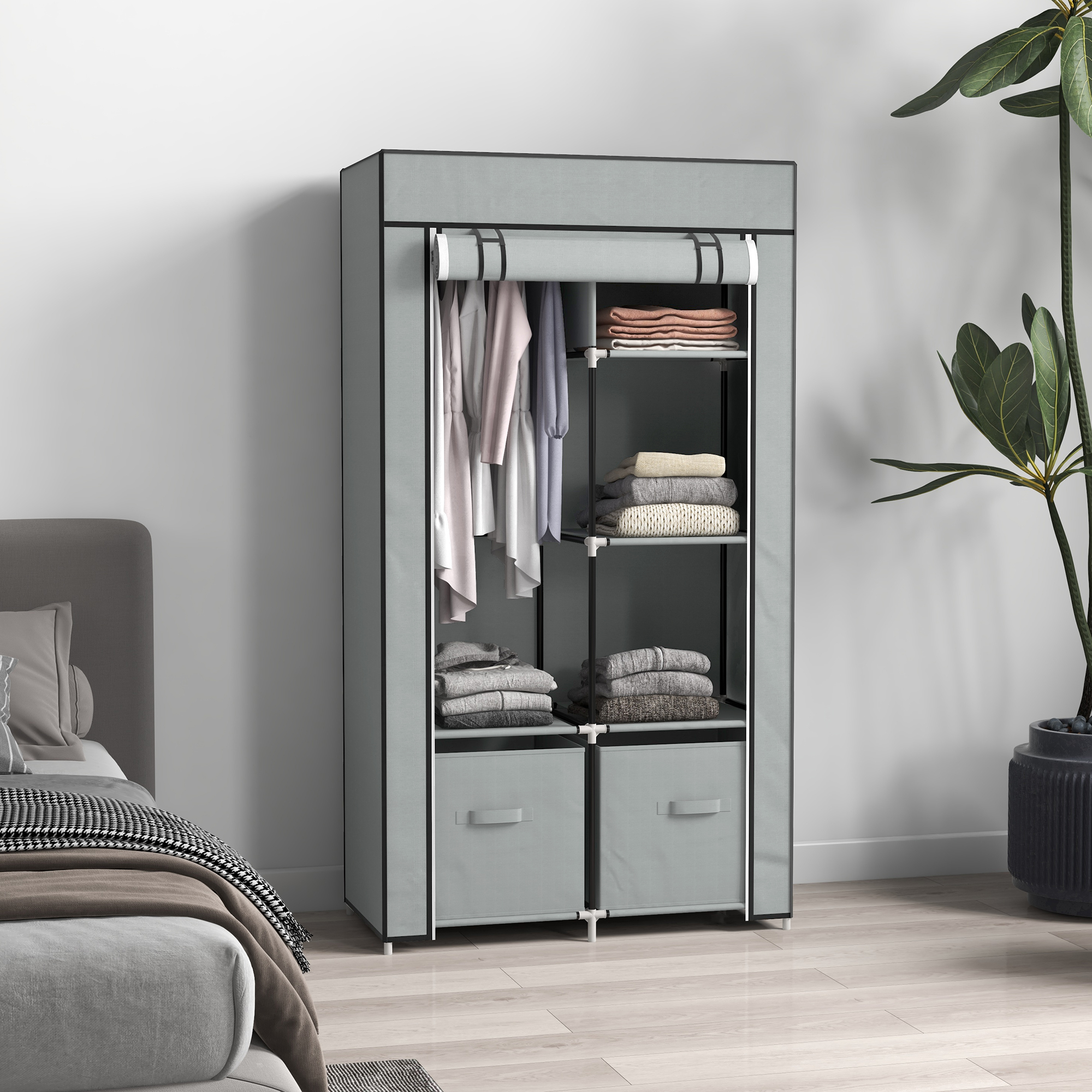Kleiderschrank Stoffschrank 1 Kleiderstange, 2 Schubladen, 83 x 42.5 x 162,5 cm, Grau