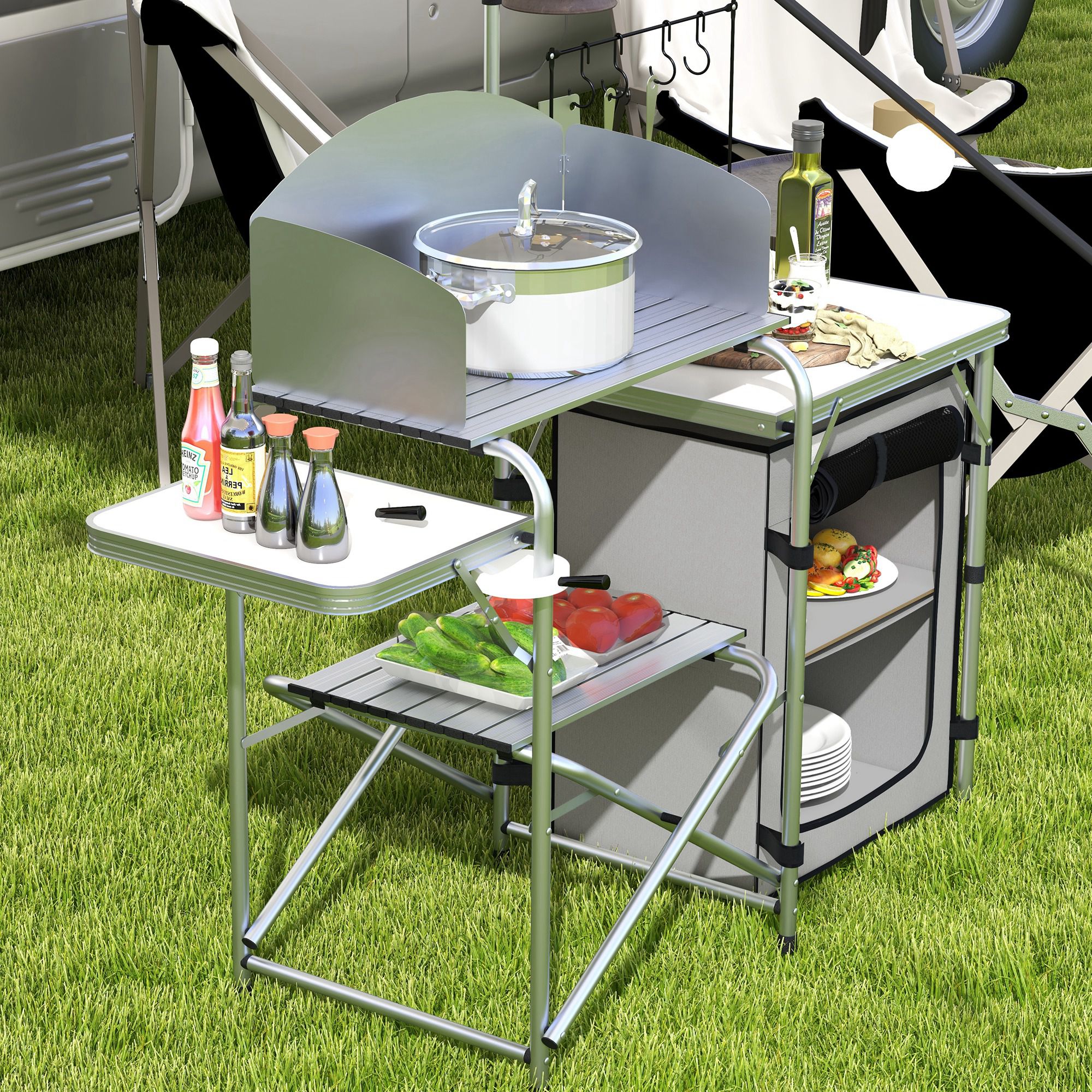 Campingküche, faltbar, 3 Arbeitsplatten, Windschutz, Stoffschrank, 144x48x119cm, Silber