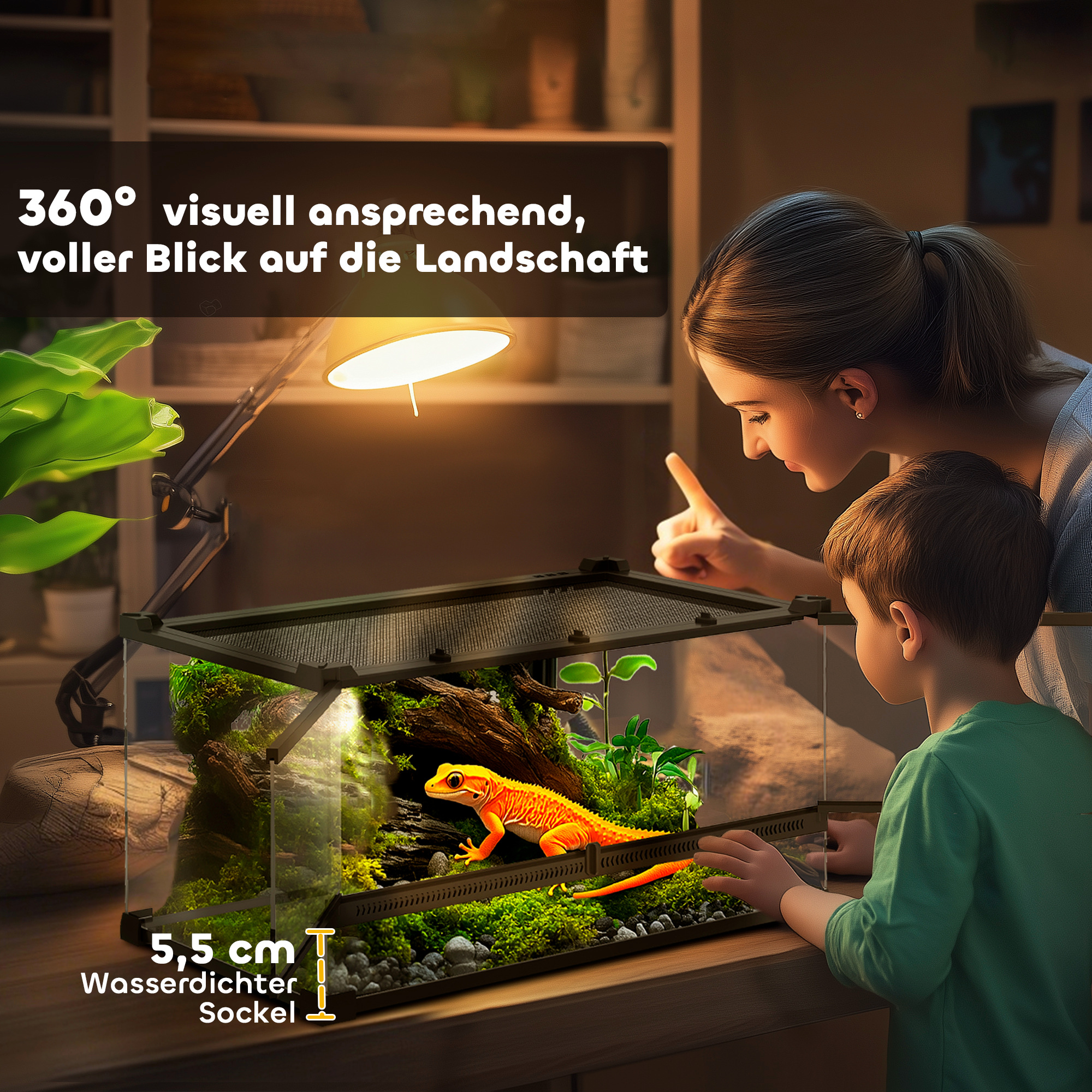Glas-Terrarium für Reptilien, erhöhter & wasserdichter Boden, Knopfschloss