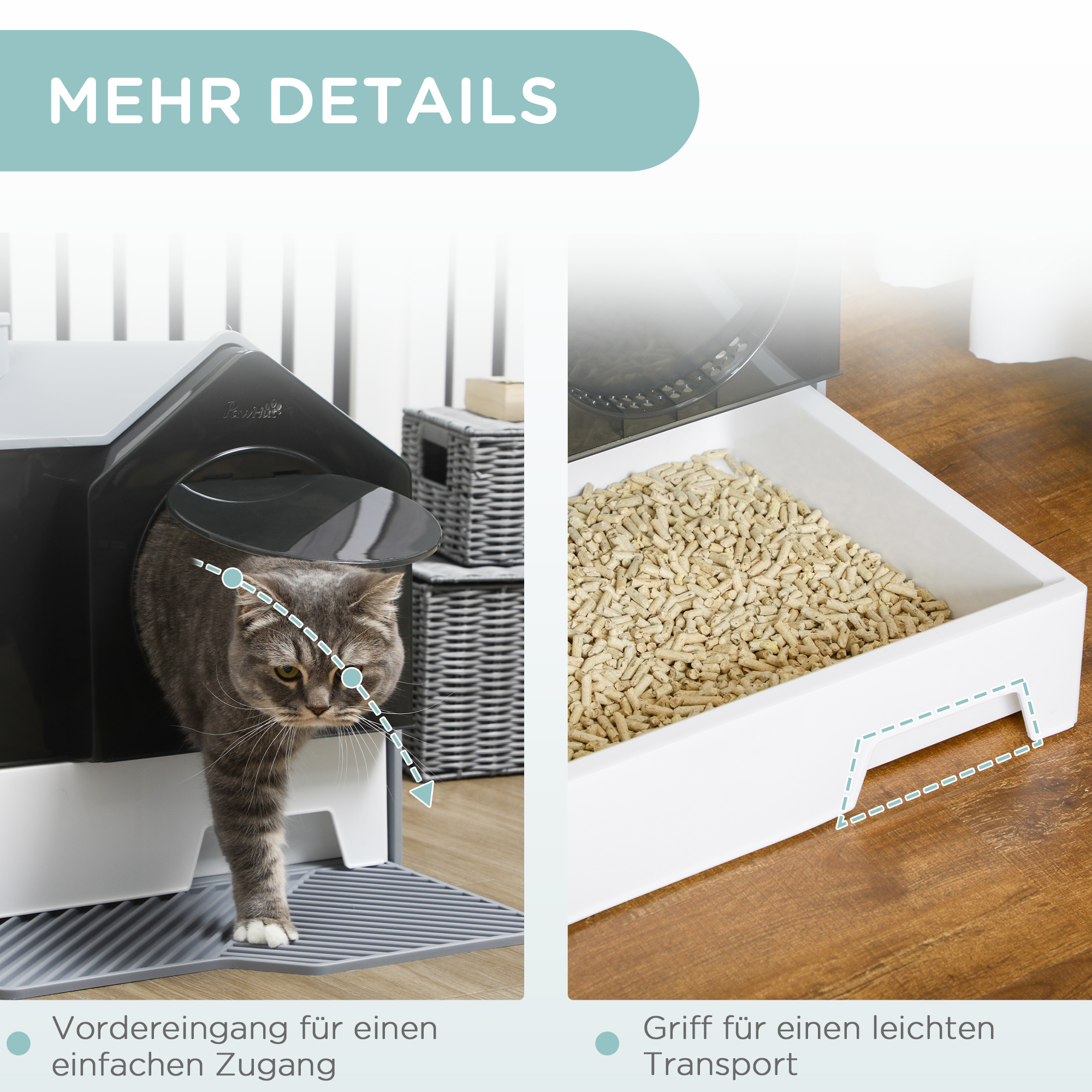 Katzentoilette im niedlichen Design, 1 Siebvorleger, 1 Streuschaufel, herausnehmbare Bodenwanne, Grau
