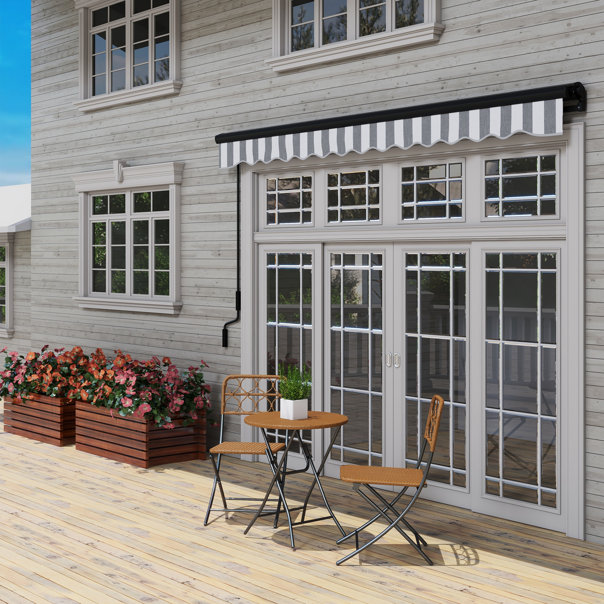 Sonnenmarkise Markise Terrassenmarkise, wetterbeständig, 1 Handkurbel, 395 x 250 x 150 cm, Grau + Weiß