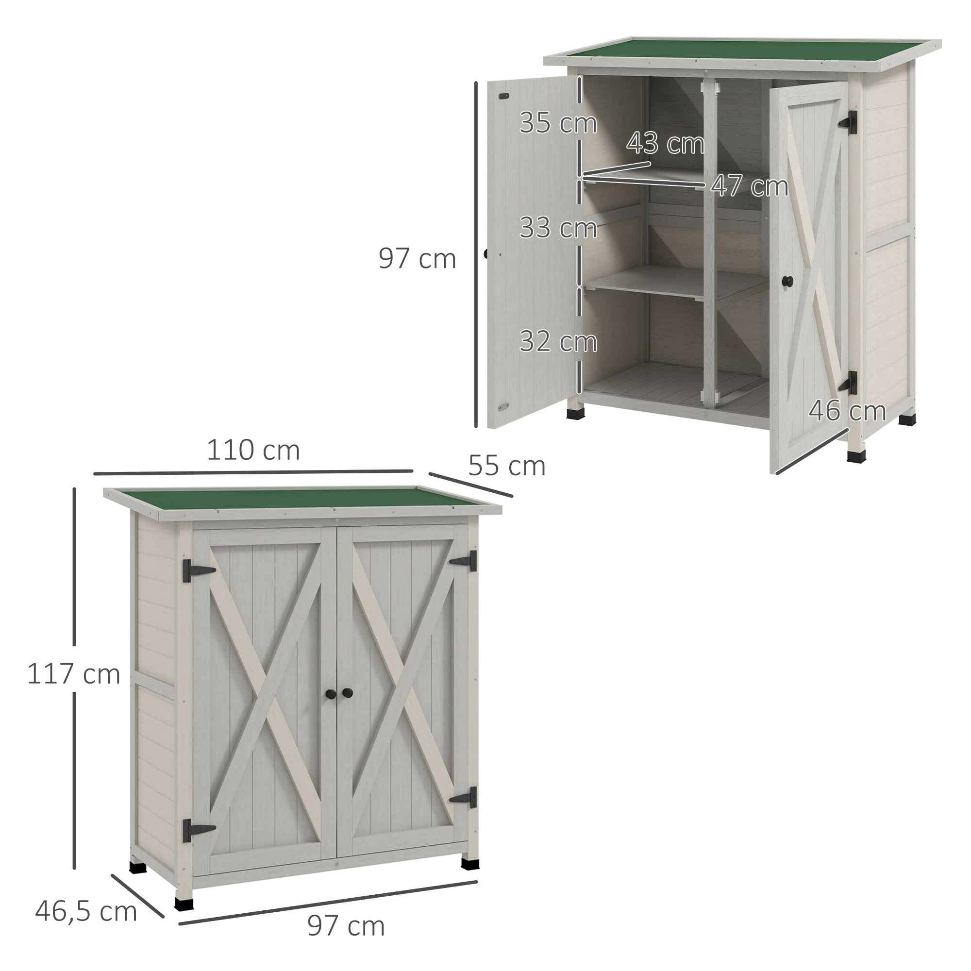 Geräteschrank aus Holz mit 2 Türen, Geräteschuppen mit Asphaltdach, 110 x 55 x 117 cm, Hellgrau