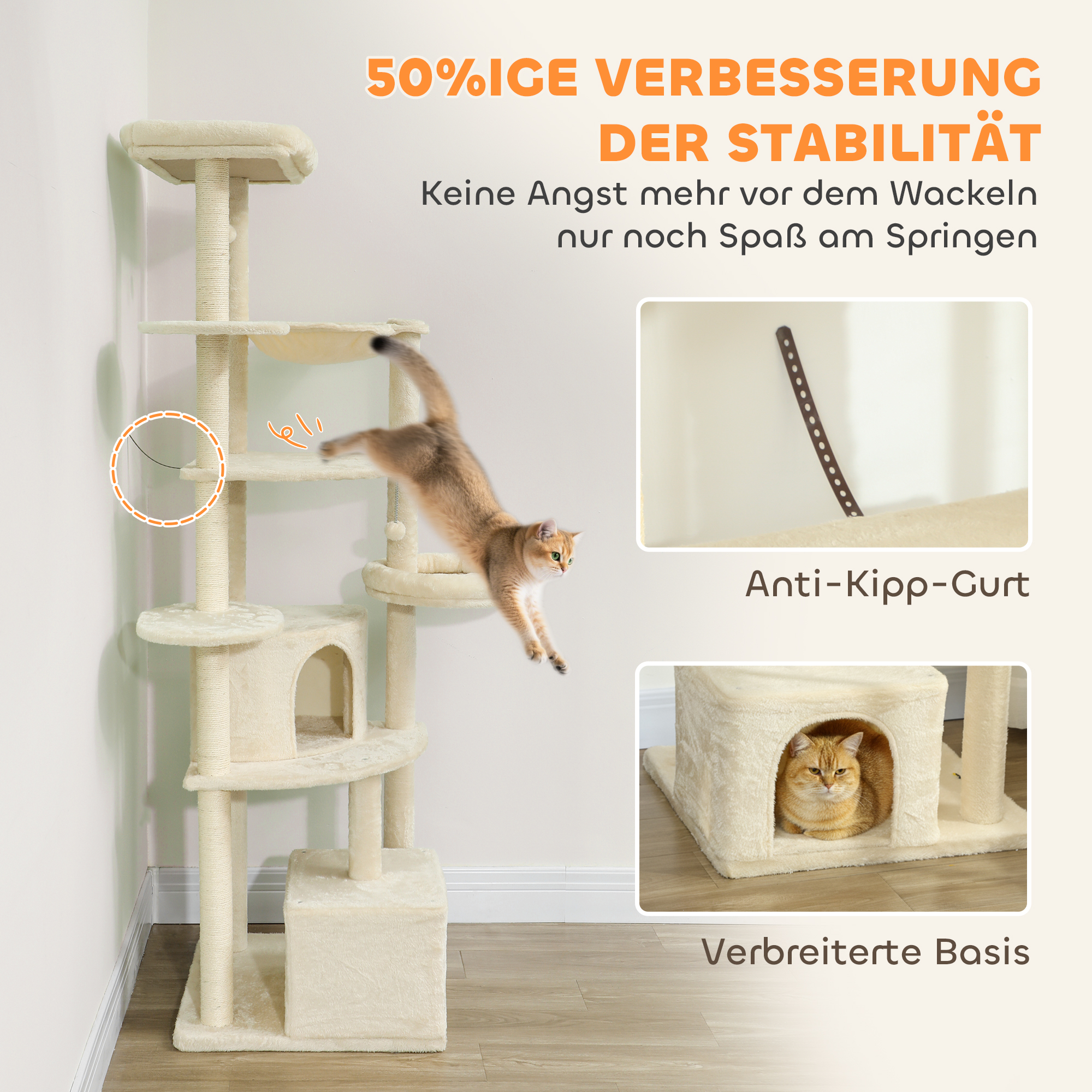 2 Meter hoher Kratzbaum für 2-3 Katzen, Kratzpfosten, Höhlen, Hängematte, Verstecke, mehrstöckiges Design, Sisal, Holz, Plüsch, Beige