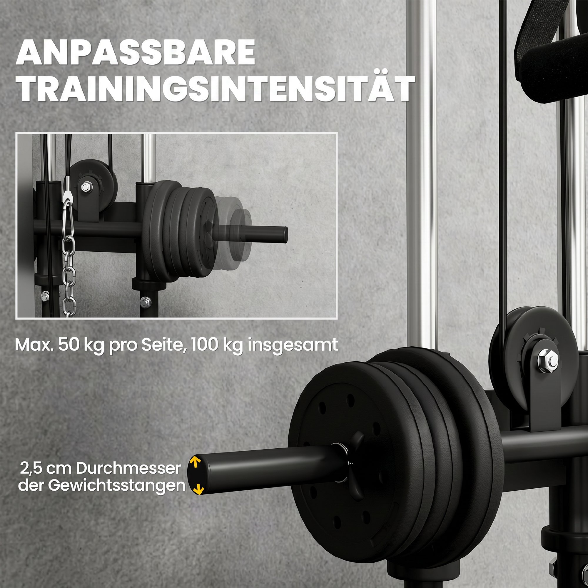 Kraftstation höhenverstellbar 25-165 cm mit Dual-Pulley-Systemen Adaptern 62 x 60 x 200 cm Schwarz