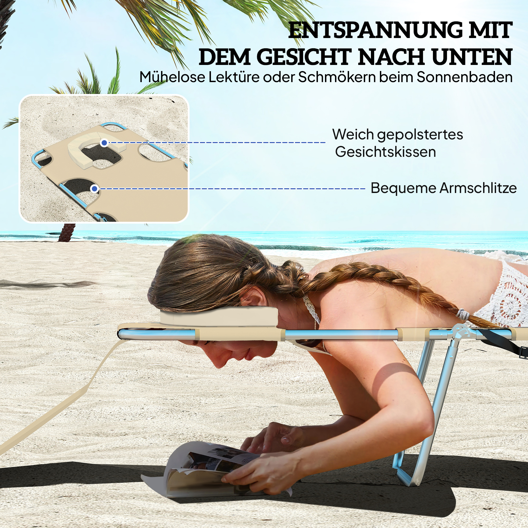 Gartenliege, Liegestuhl mit gepolsterter Gesichtsöffnung, Massage-Liege für draußen, Seitentasche, Stoff, Metall, Beige