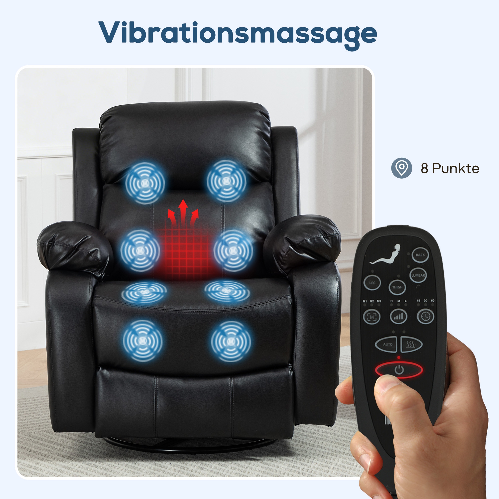 Massagesessel mit 8 Vibrationsköpfen, Relaxsessel, verstellbare Rückenlehne + Fußstütze, Schwarz