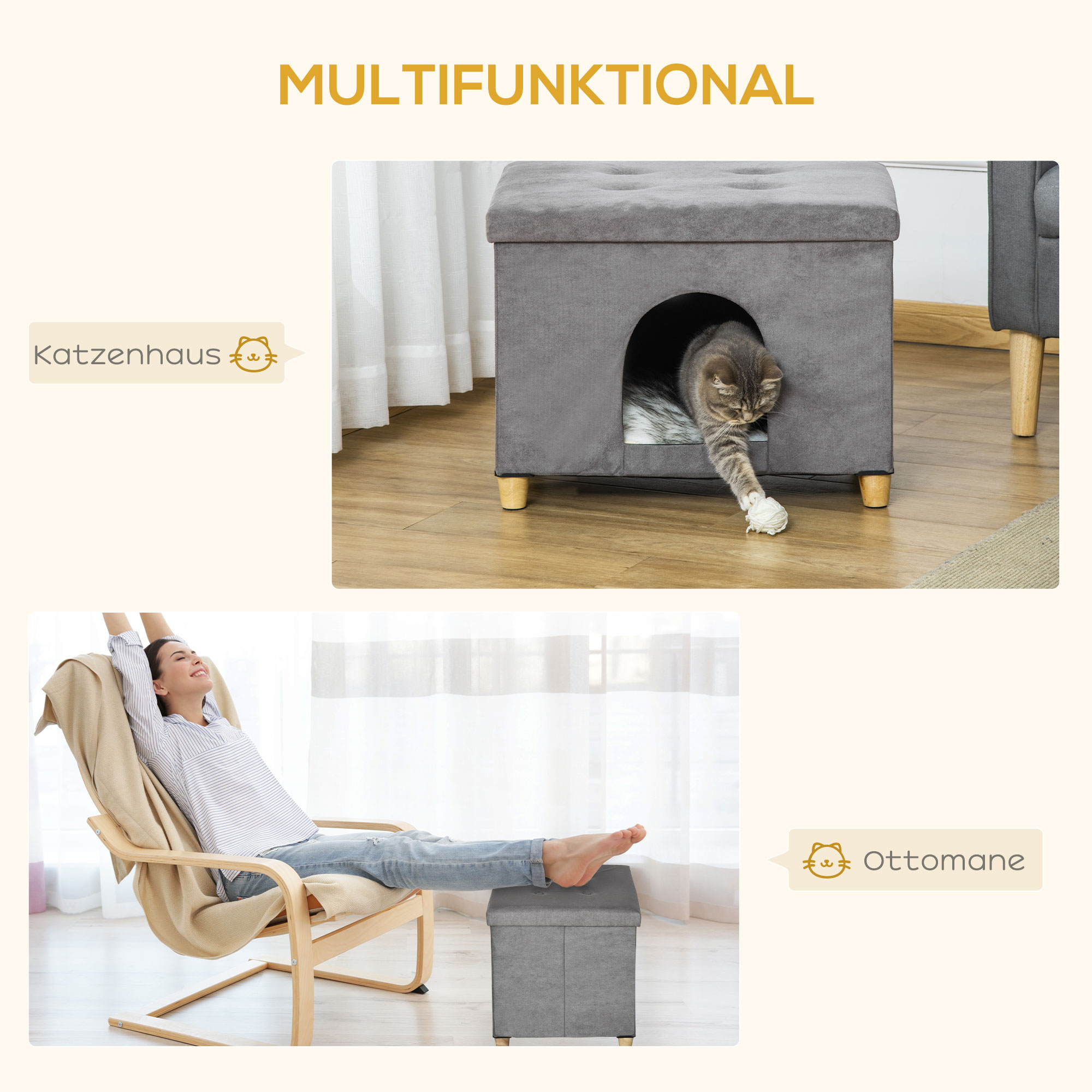 2-IN-1 Katzenhöhle Fußhocker mit Kissen Holzbeine Katzenhaus Katzenkorb weich gepolstert Ottomane elegantes Design abnehmbar MDF Plüsch Grau 60 x 45 x 44,5 cm