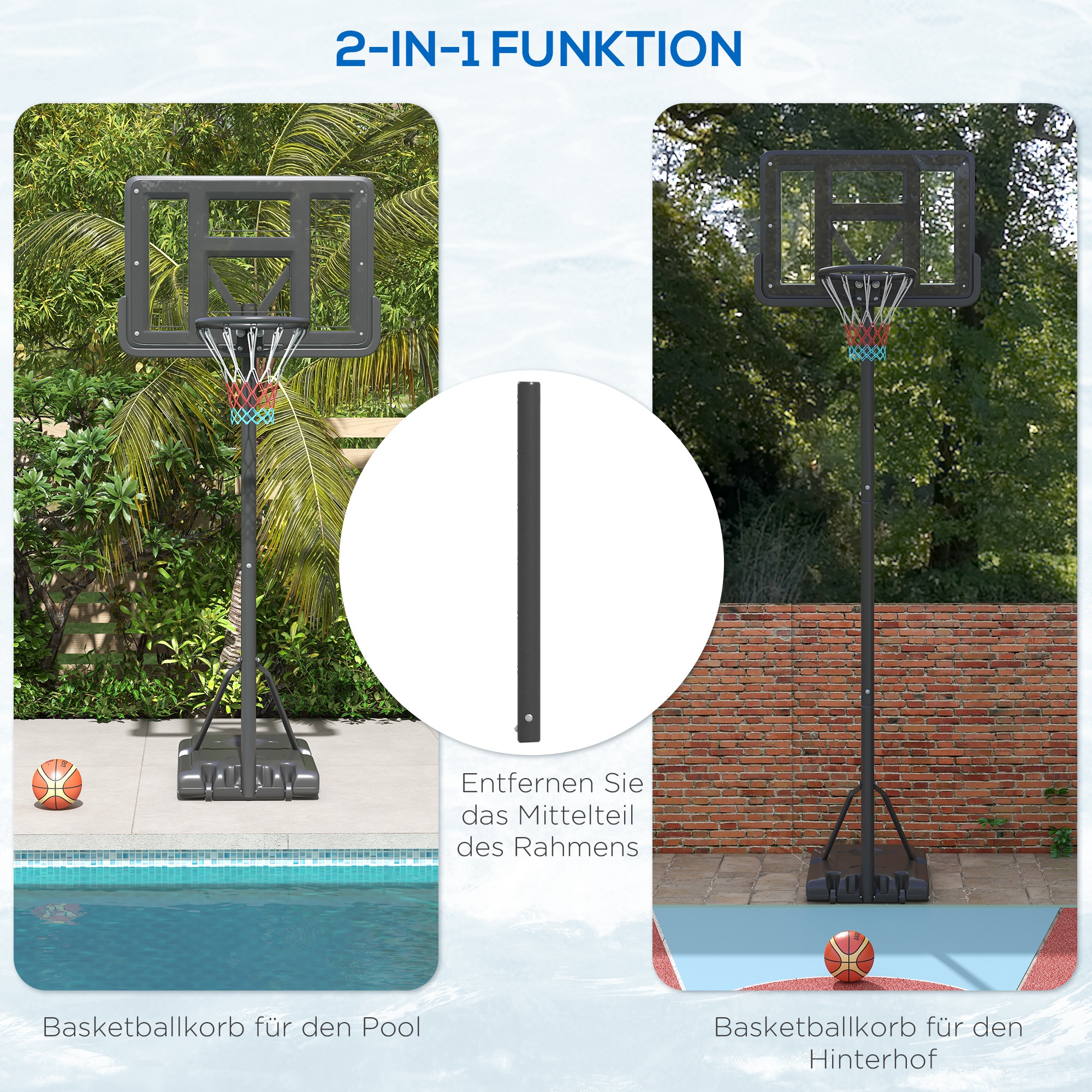 Basketballständer, outdoor/indoor, höhenverstellbar, mit Rädern, befüllbare Basis, Korbhöhe 2,30-3,05 m
