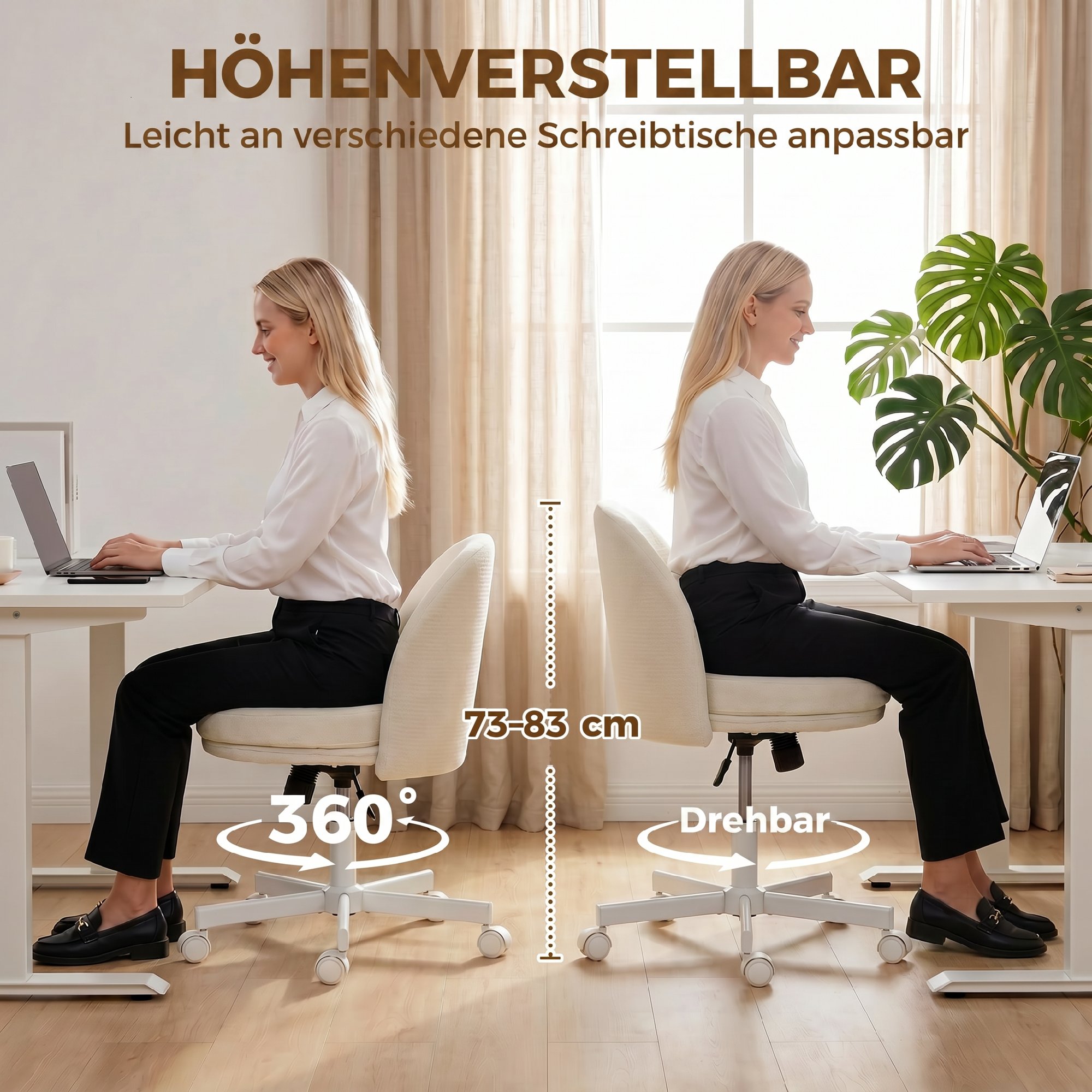 Homeoffice Stuhl Höhenverstellbar Schreibtischstuhl mit Chenille-Optik, Schminkstuhl mit Wippfunktion Creme