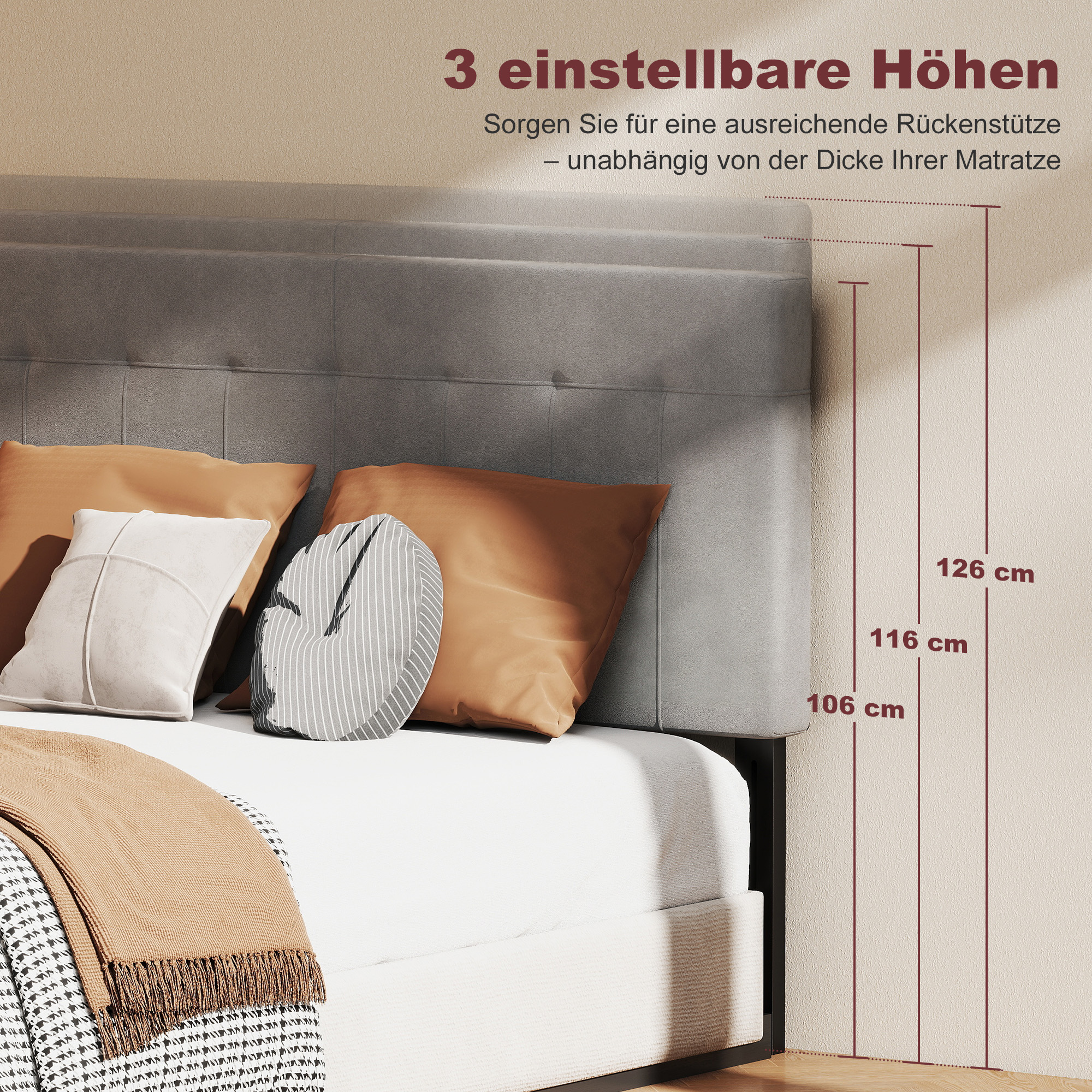 Kopfteil 3-fach höhenverstellbar Bettkopfteil mit Metallbeinen Samtoptik für Schlafzimmer 140x10x106/116/126 cm Grau