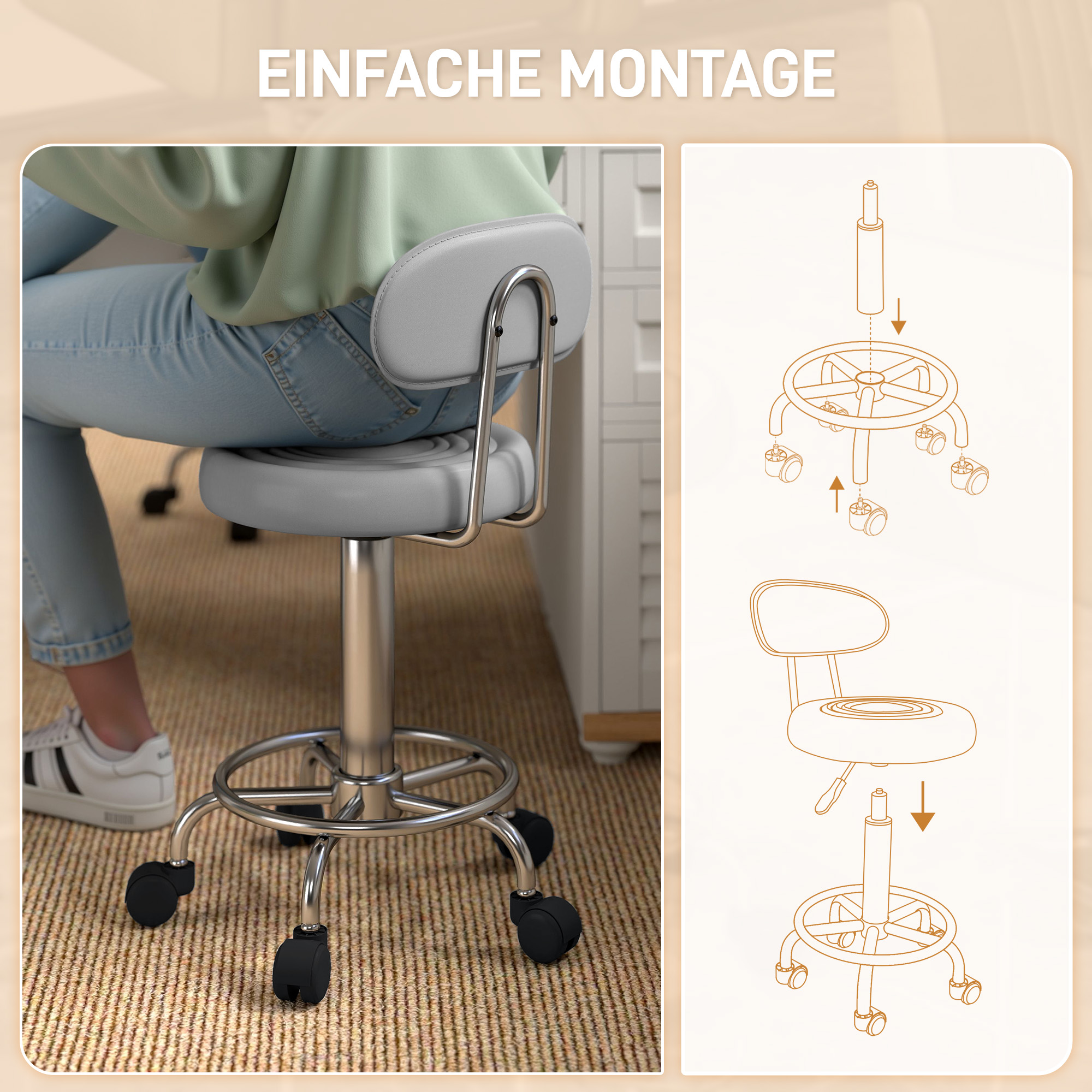 Rollhocker, Drehbarer und verstellbarer Hocker mit Rückenlehne, Kunstlederbezug, Fußstütze, für Frisiertische, Grau