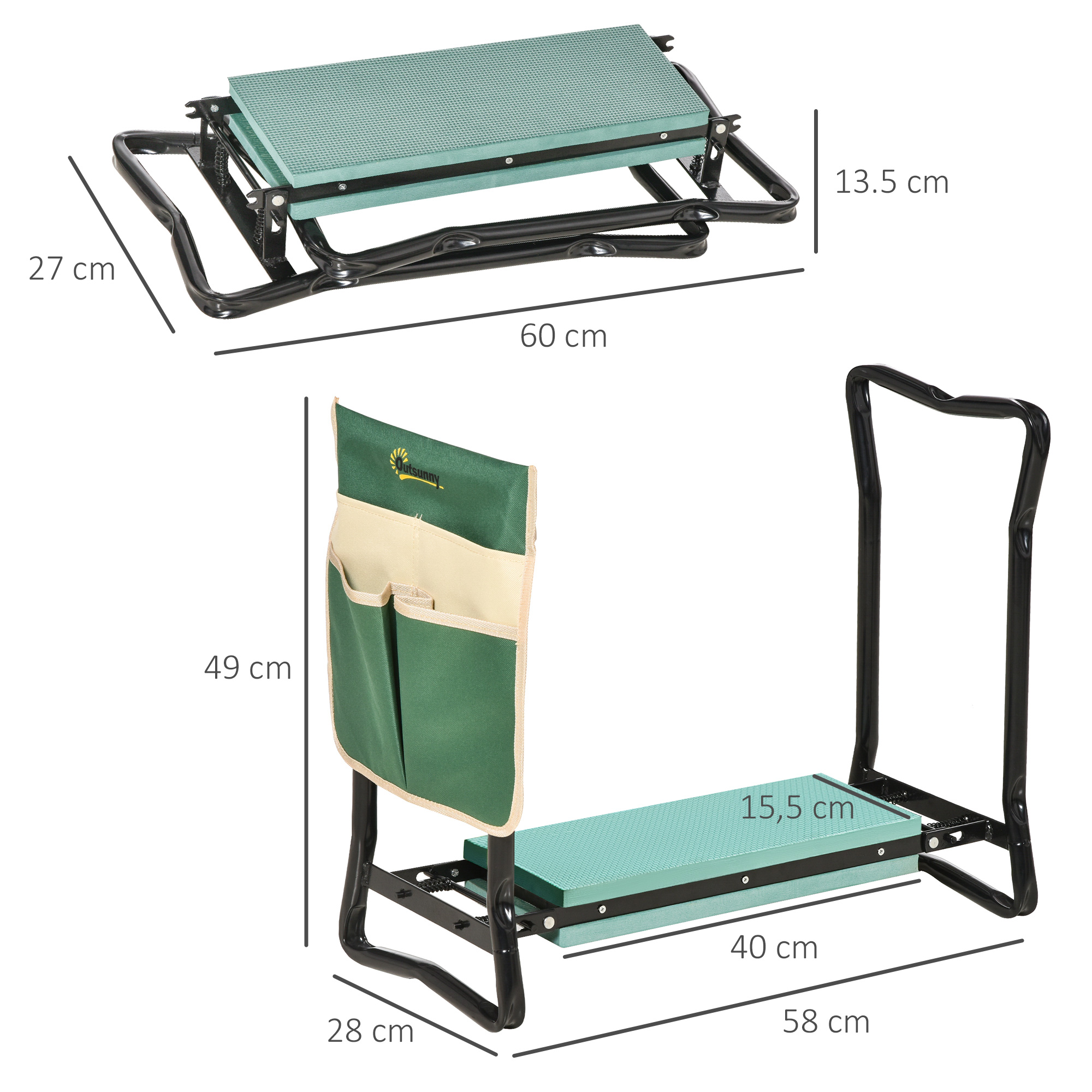 Kniebank, Klappbarer Gartenhocker, 2-in-1, Kniehilfe, mit Werkzeugtasche, EVA-Schaumstoff, 58 x 28 x 49 cm
