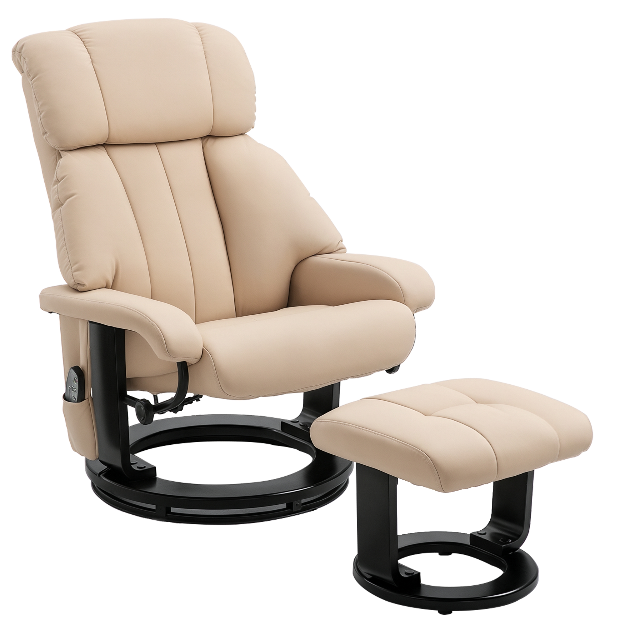 Relaxsessel mit Hocker, drehbarer Fernsehsessel mit Massagefunktion, Liegefunktion, Massagesessel mit Fernbedienung, Seitentasche, Ruhesessel aus Kunstleder für Wohnzimmer Cremeweiß
