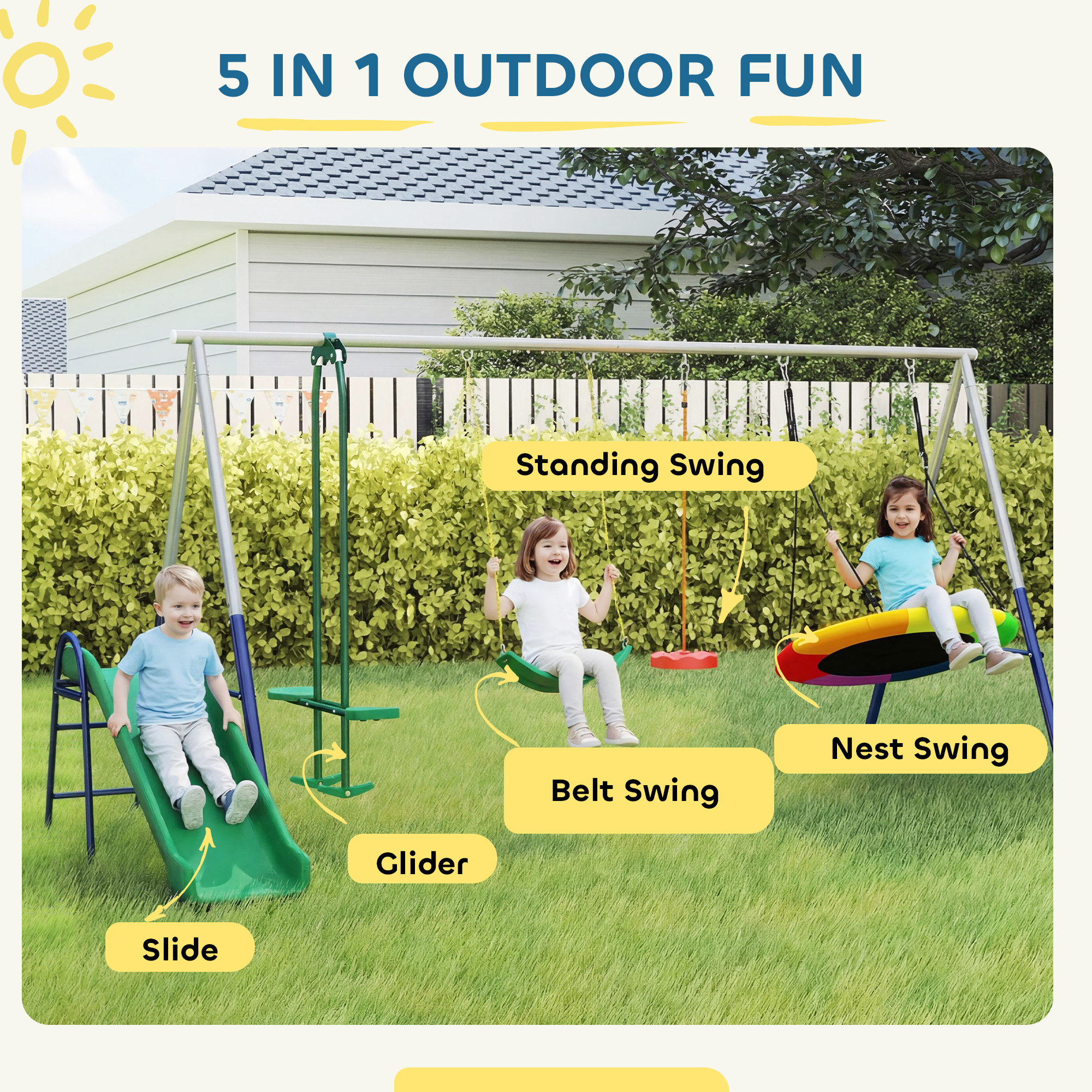 5 in 1 Schaukelgestell mit Rutsche höhenverstellbar Schaukelgerüst mit Nestschaukel 382x196 x203 cm Mehrfarbig