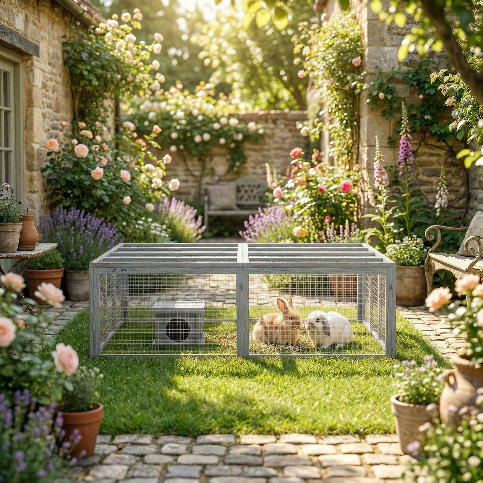 Freilaufgehege Kaninchenstall aus Holz mit 2 Türen Unterschlupfhaus für 2-4 Zwergkaninchen 180,4 x 150 x 48 cm Grau