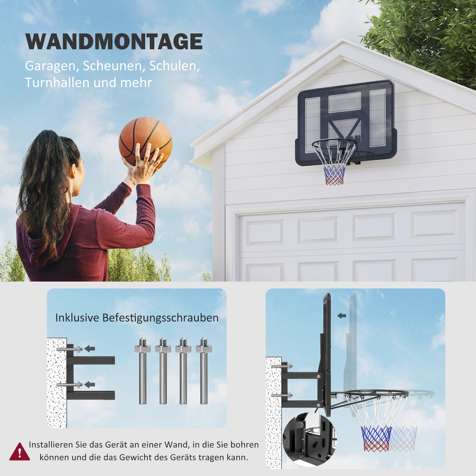 Wandmontierter Basketballkorb, Reißfestes Netz, wetterbeständig, widerstandsfähig, für drinnen und draußen, Schwarz
