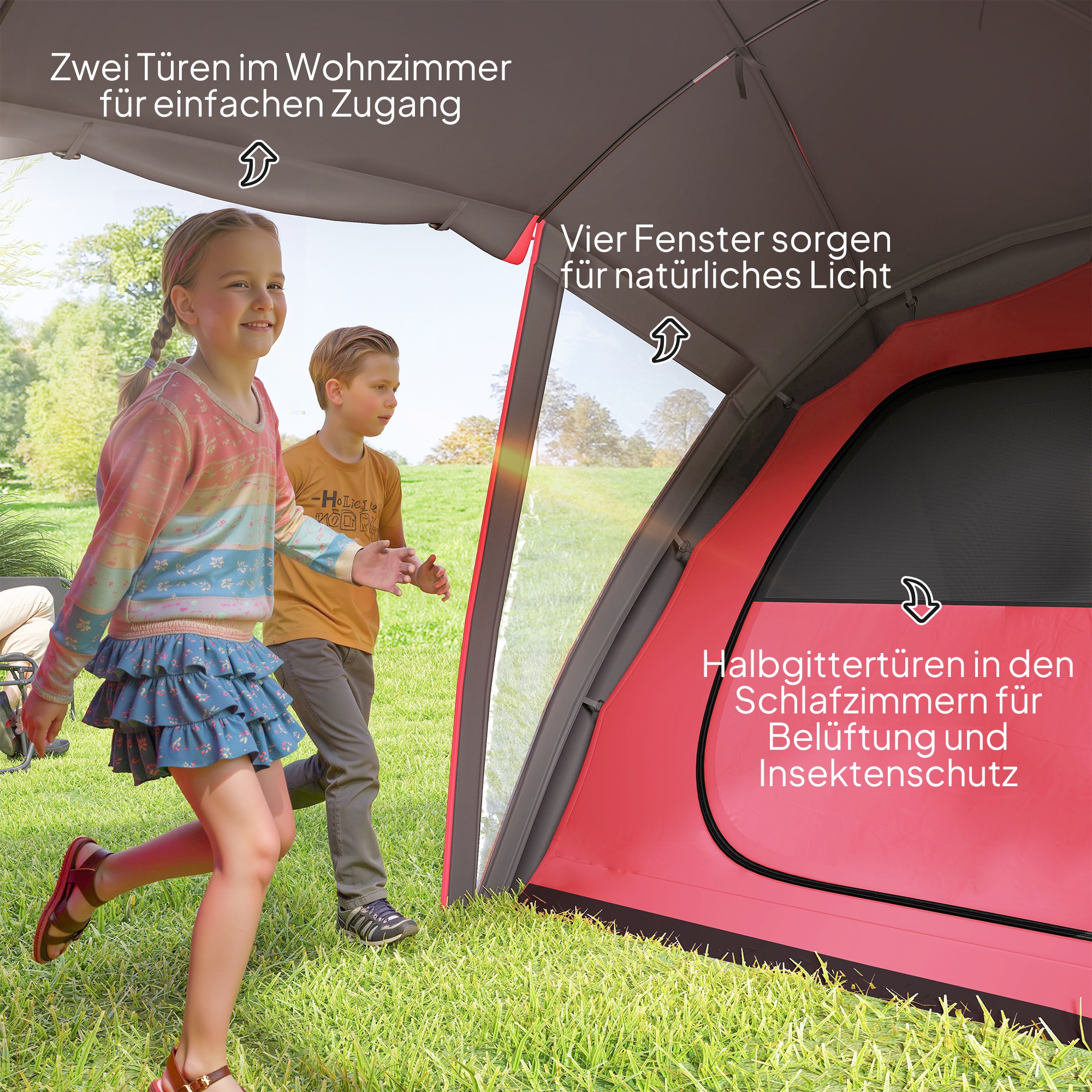 Tunnelzelt, Campingzelt für 4-6 Personen, mit 3 Räumen, Lichthaken Doppeltüren Grau