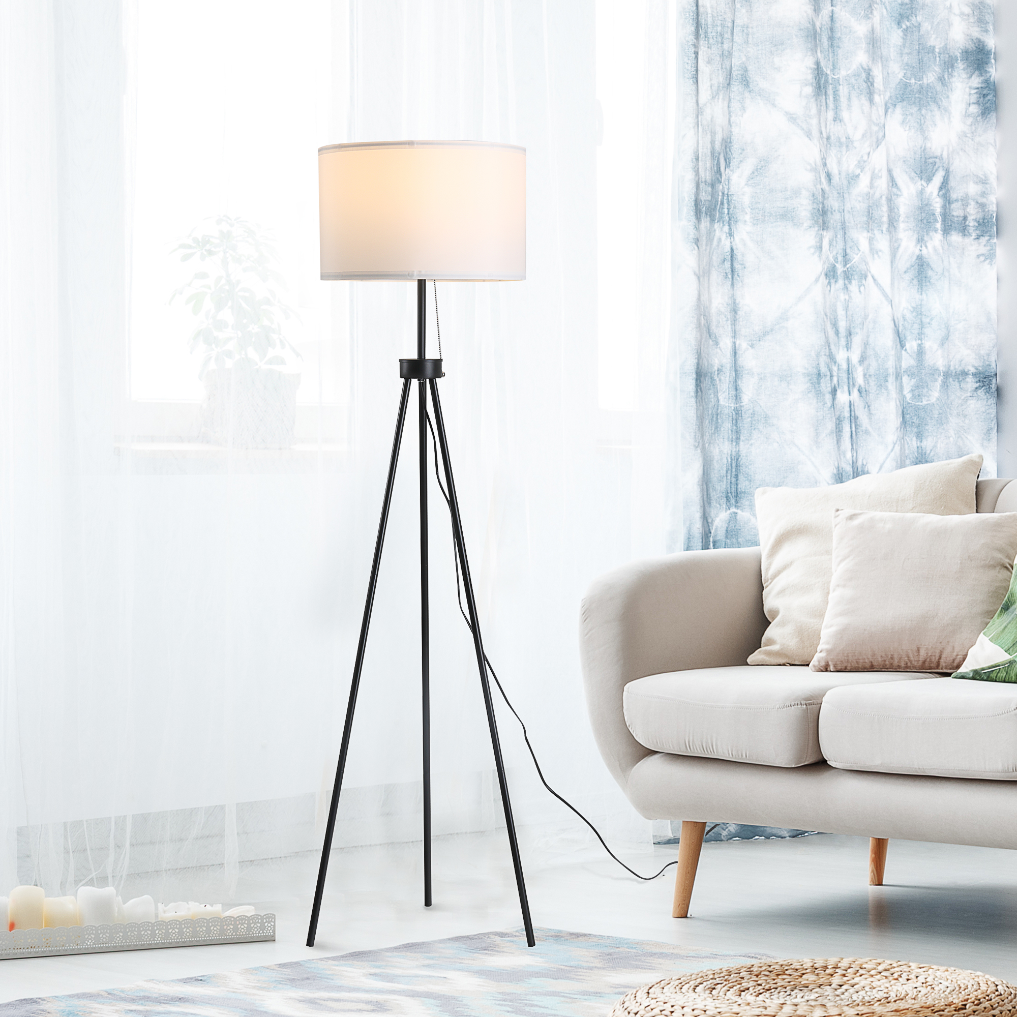 Stehlampe mit Lampenschirm aus Polyester und Baumwolle, Standleuchte Stehleuchte mit E27 Fassung für Wohnzimmer, Schlafzimmer, Weiß, exkl. Glühbirne