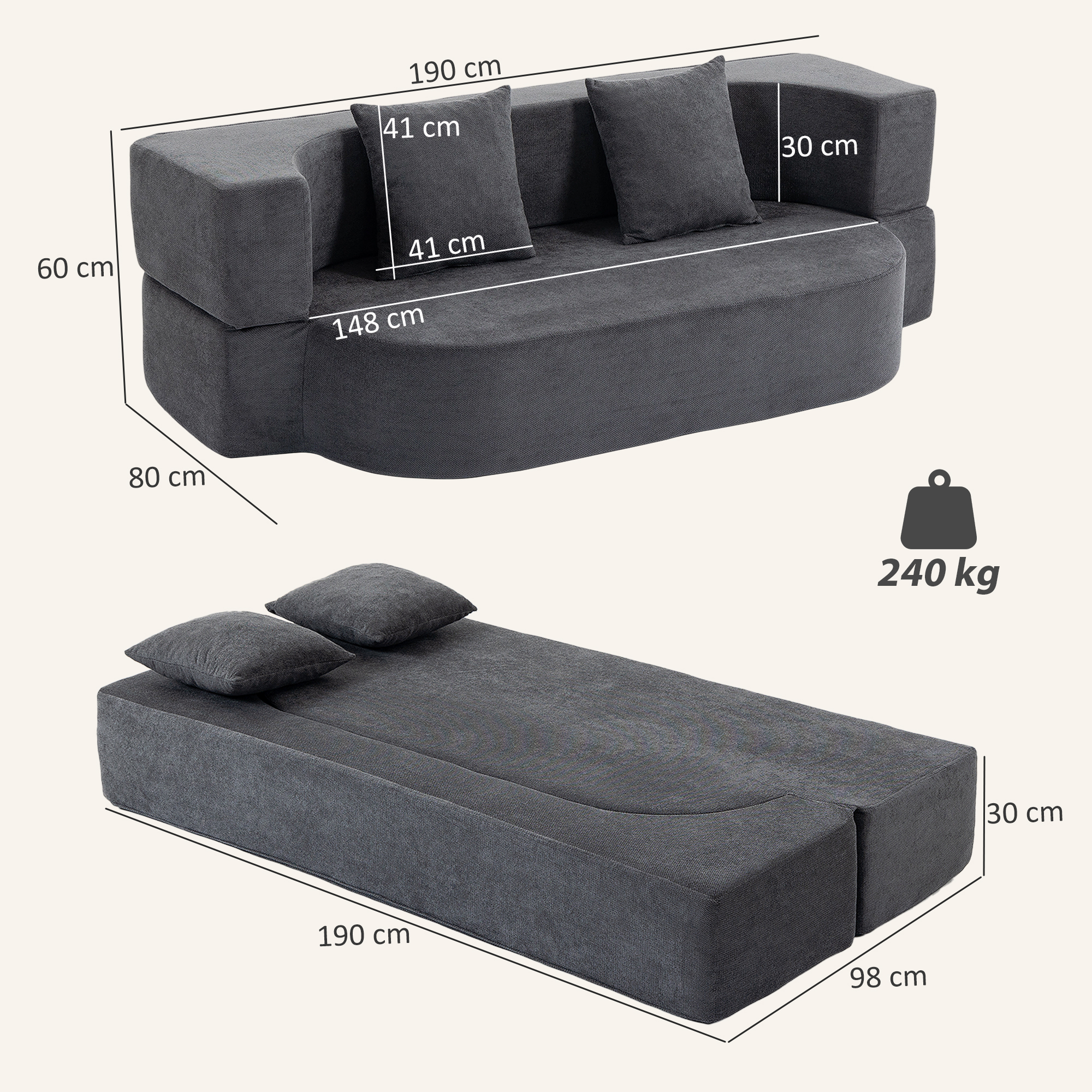 Schlafsofa, Bodensofa ohne Gestell mit dickem, hochdichtem Schaumstoff, breitem und tiefem Sitz, dunkelgrau