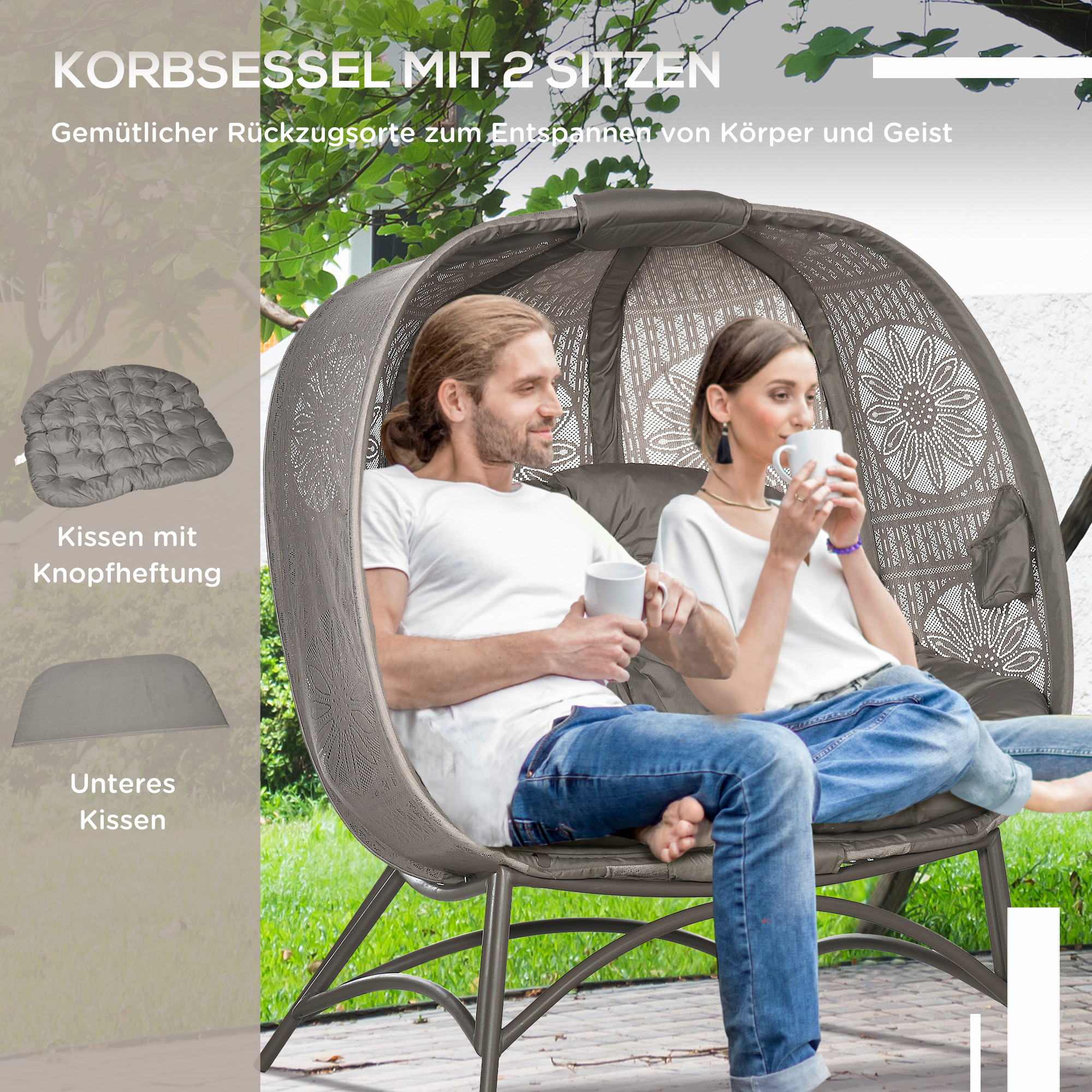Gartenstuhl für 2 Personen, klappbar, großes Sitzkissen, Stahlrahmen, Farbe: Sand, 126 x 75 x 142 cm