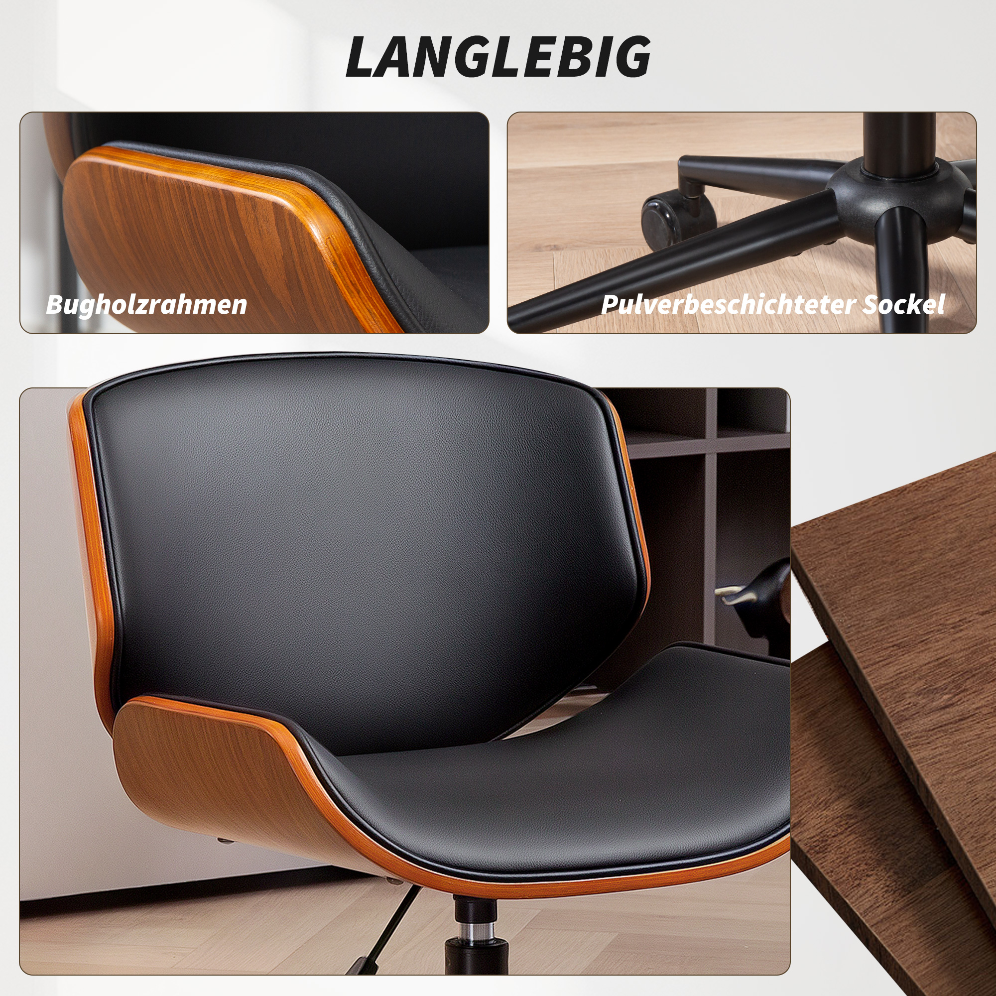 Homeoffice Stuhl aus Kunstleder höhenverstellbar Drehstuhl bis 135 kg belastbar 52 x 54 x 74-84 cm Schwarz+Walnussbraun