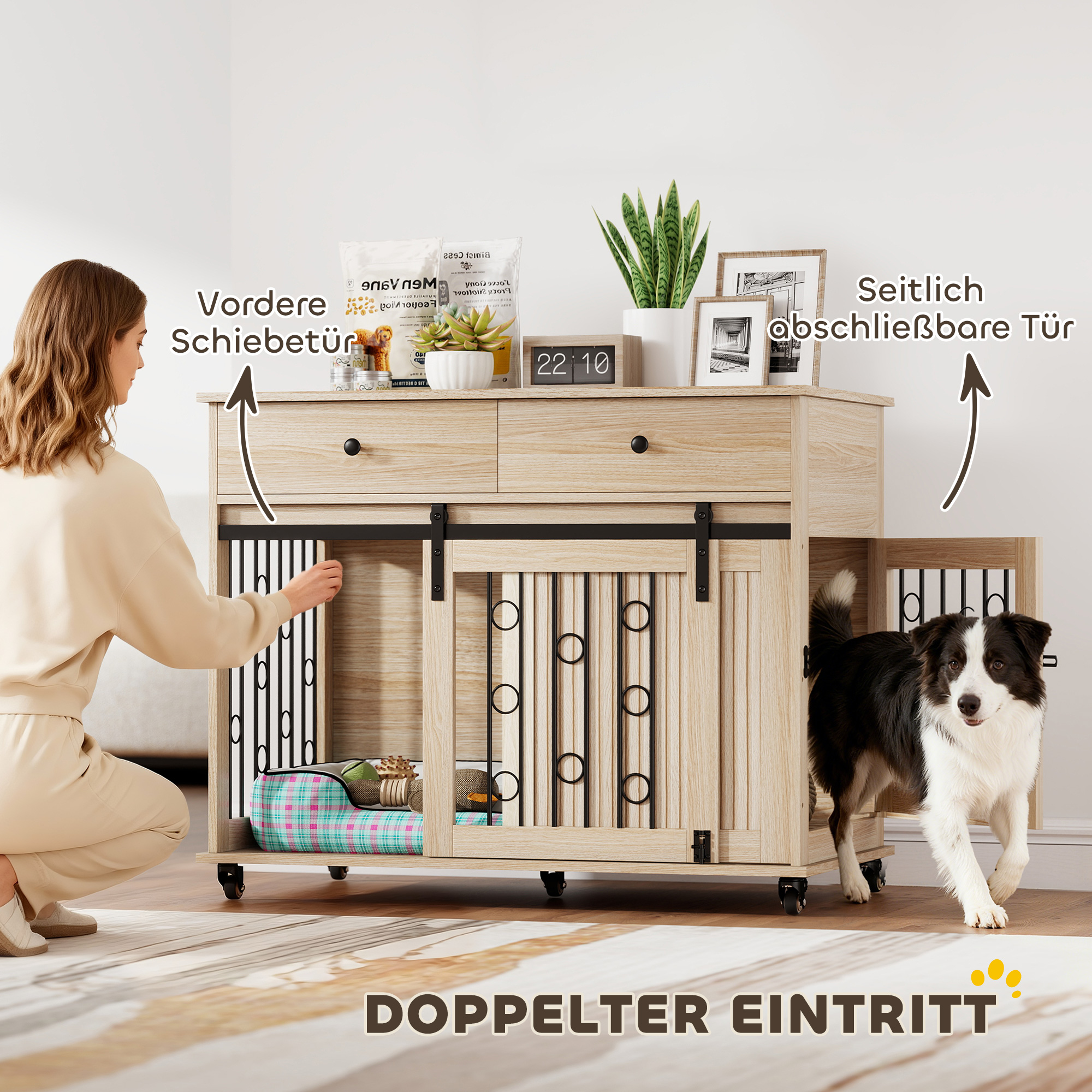 Hundebox auf Rädern, 2 Türen, 2 Schubladen, für mittlere und große Hunde, Holz, Stahl
