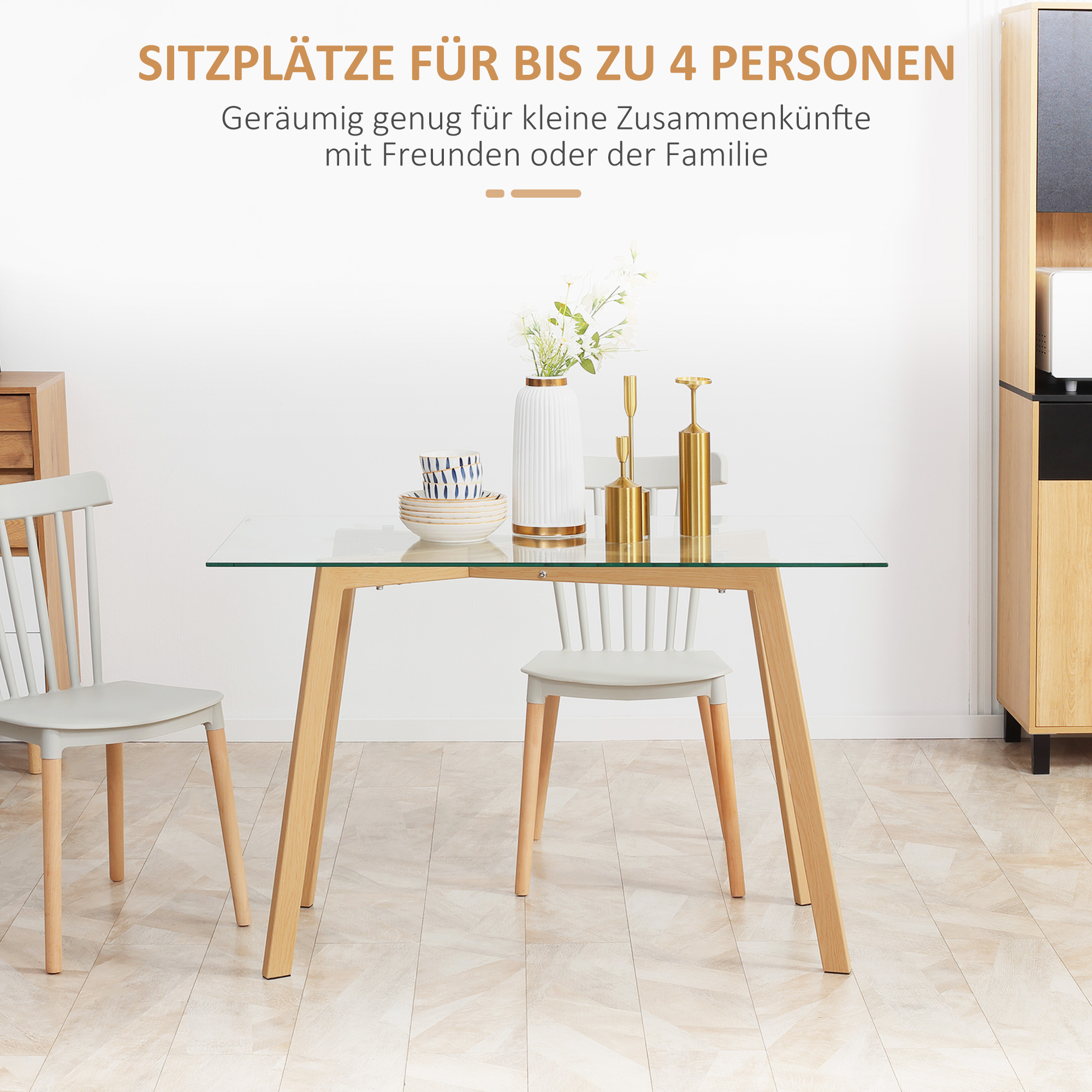 Esstisch für 4 Personen, Glasplatte, Stahlgestell, Holzoptik, 120L x 60B x 76H cm