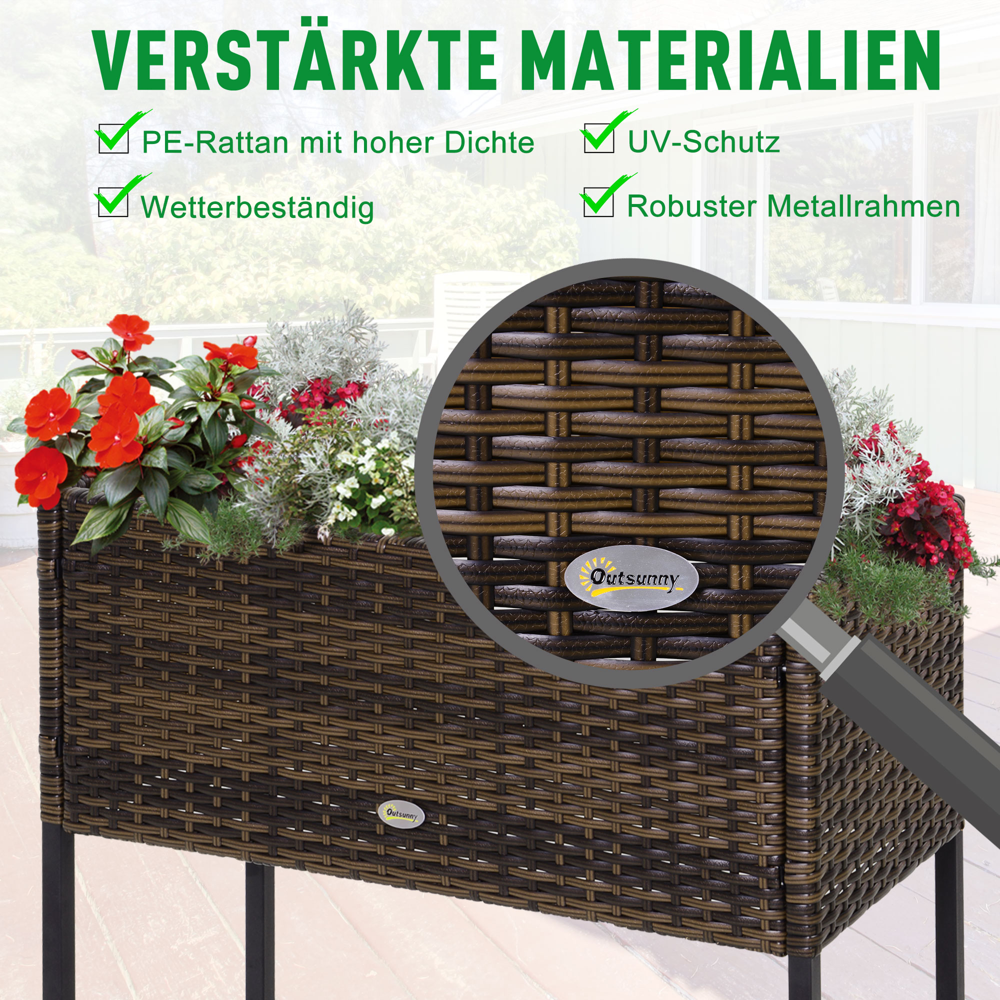 Hochbeet, Blumenkasten, tiefe Ablage, Metallrahmen/Polyrattan, 70 x 30 x 70 cm, Braun/Schwarz