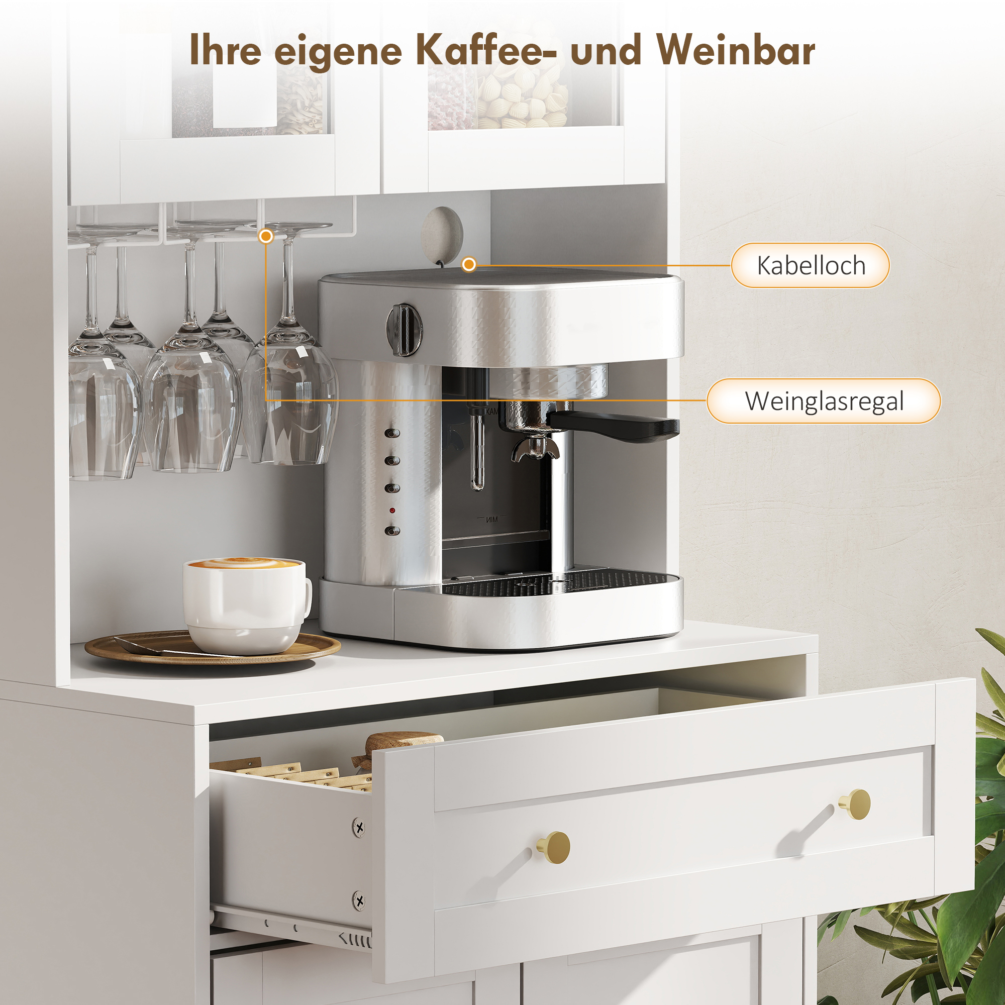Küchenschrank mit Arbeitsfläche, Weinglashalter, Vorratsschrank für Küche, Esszimmer, 170 cm, MDF, Glas, Weiß