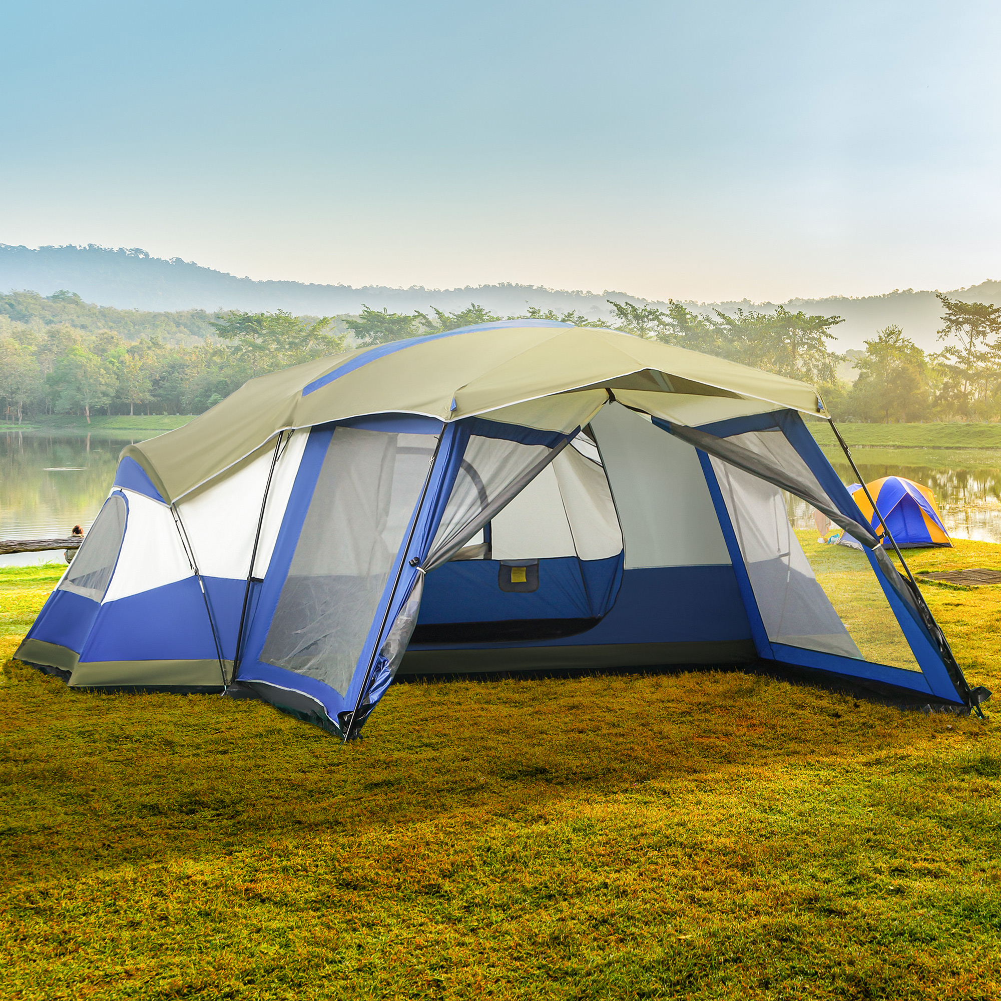 Camping Zelt 6-8 Personen Zelt Familienzelt mit Vorraum 2 Fenster Kuppelzelt Kunstleder3000mm für Trekking Festival Glasfaser Blau 518 x 487 x 237 cm
