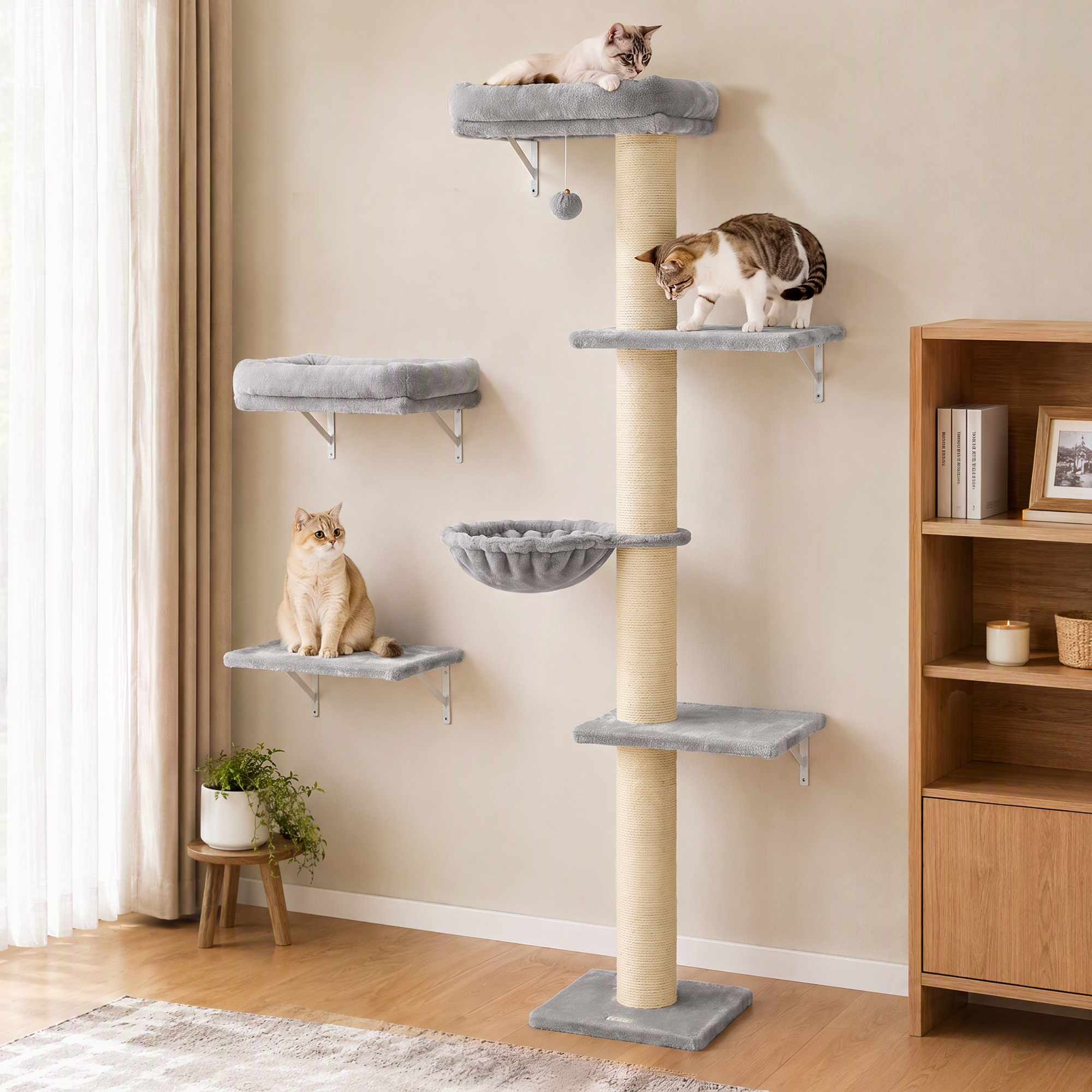 Kletterwand Katzen, 3-teilig Katzenkletterwand Set, Katzen Wandelemente mit Kratzbaum, Plattformen Hängematte