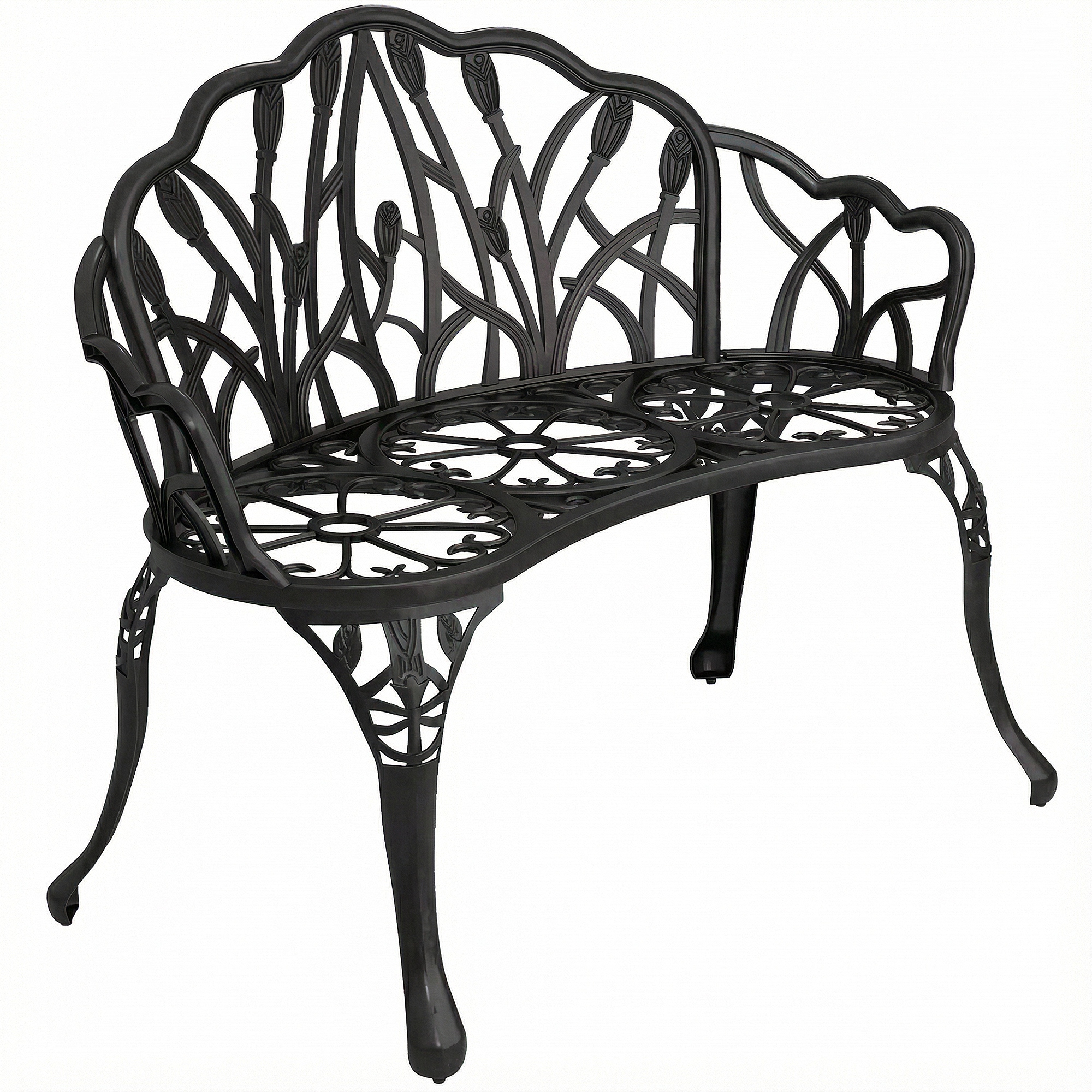 Gartenbank 2-Sitzer Gussaluminium wetterfest Outdoor Sitzbank mit Tulpen-Rückenlehne Blumenmotiv 99 x 57 x 78 cm