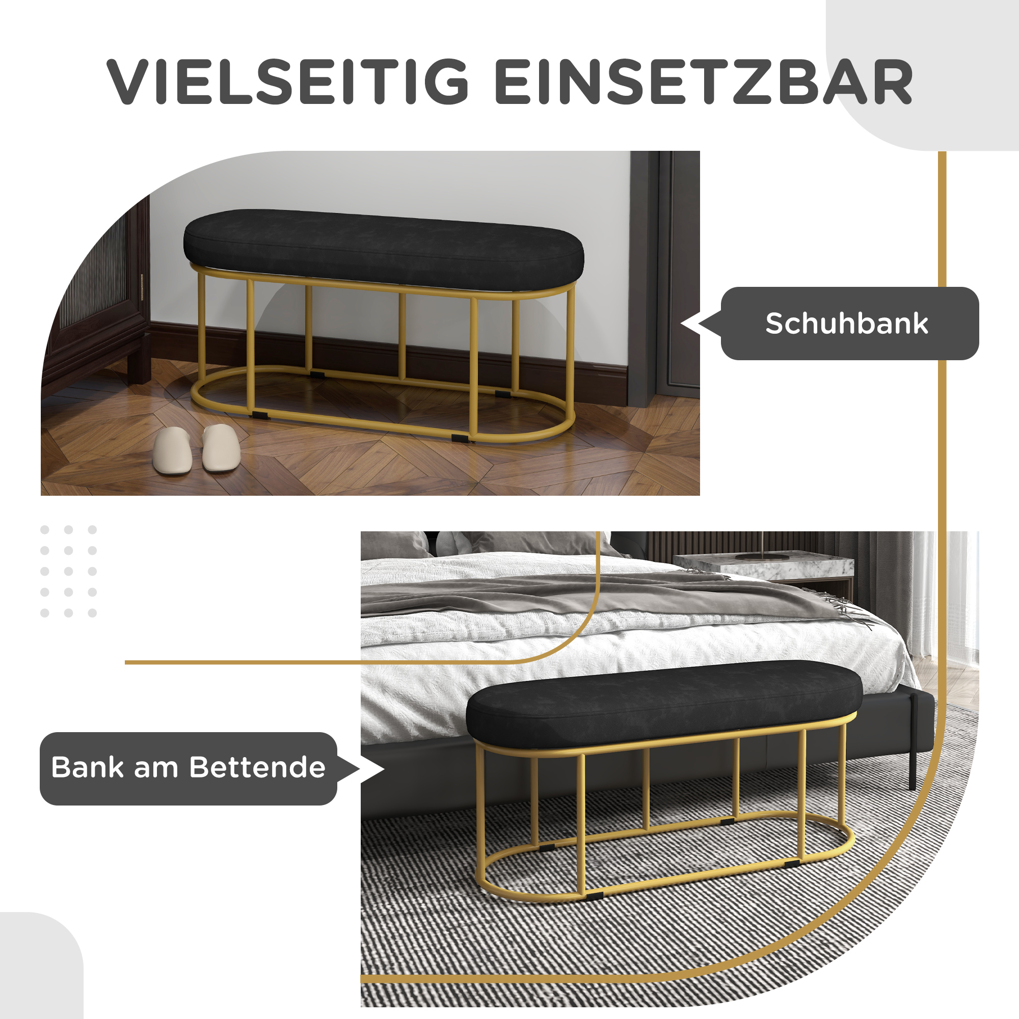 Schuhbank im Retrodesign, Bettbank, Flurbank, Samtoptik, bis 200 kg, Metallrahmen, schwarz, 100 x 37 x 43cm