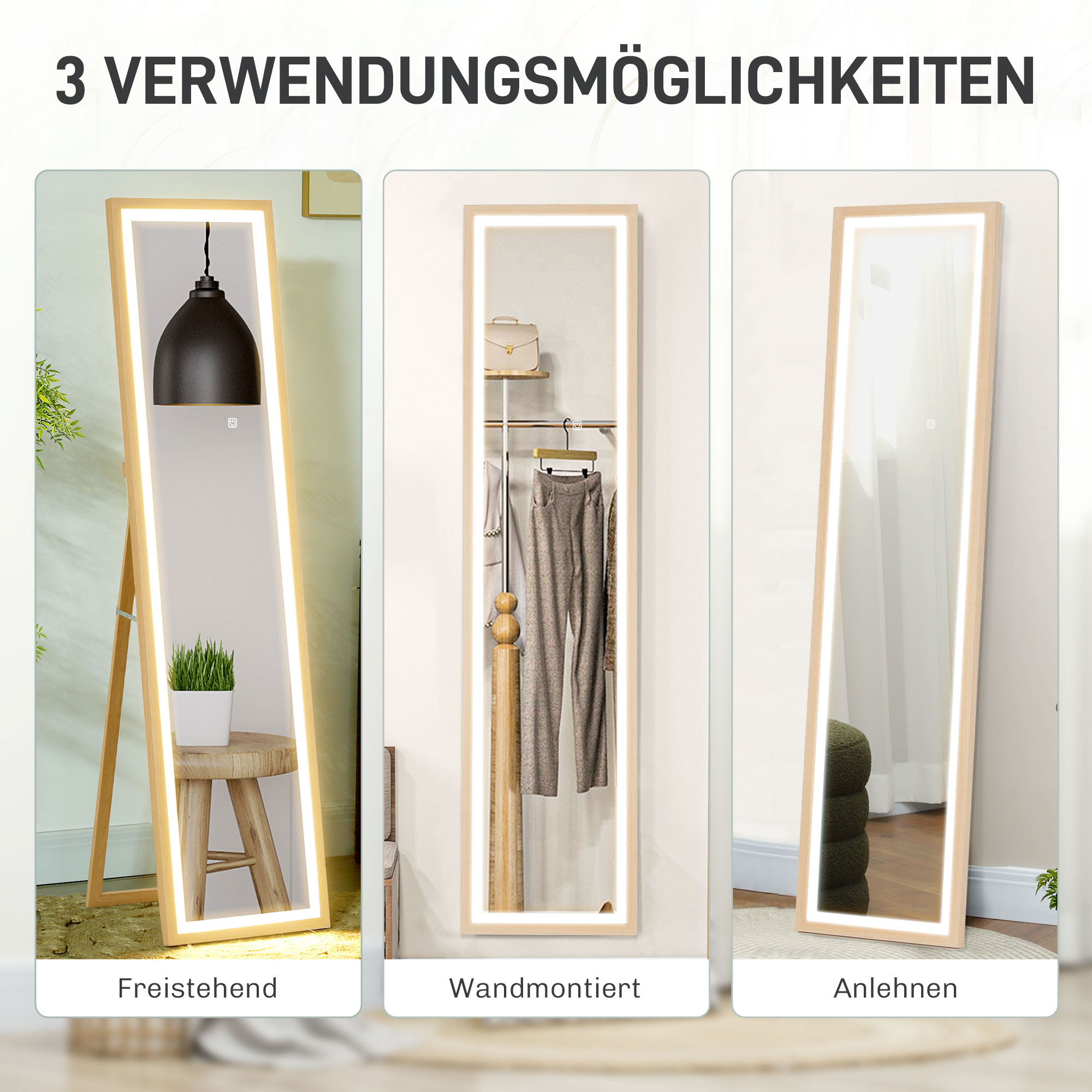 LED Ganzkörperspiegel, 40 x 160 cm, Touch-Steuerung, dimmbar, 3 Farben,  Eiche