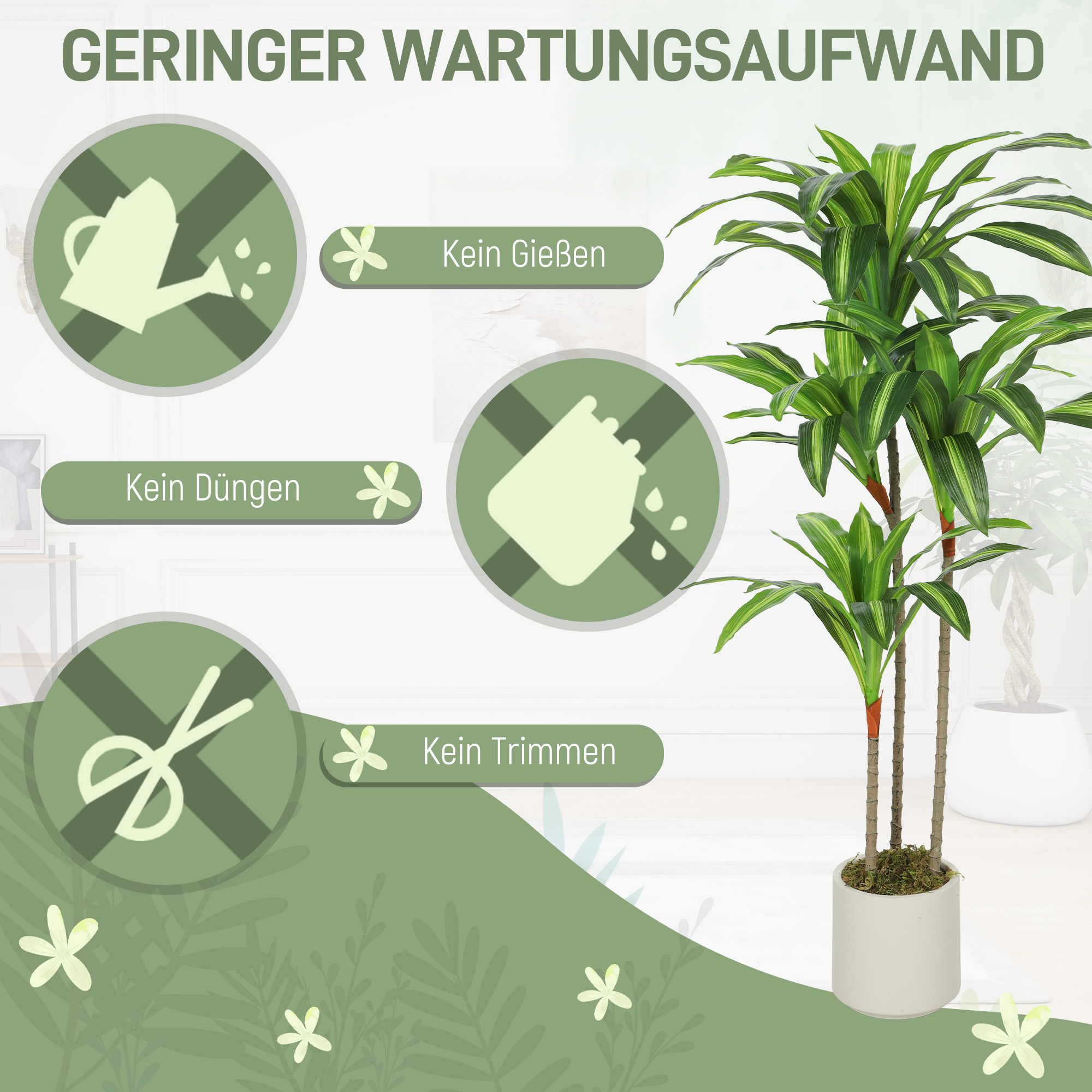 Künstlicher Dracaena-Baum 120 cm mit biegsamen Stämmen und weißem Pflanzgefäß für Wohnzimmer Schlafzimmer Büro