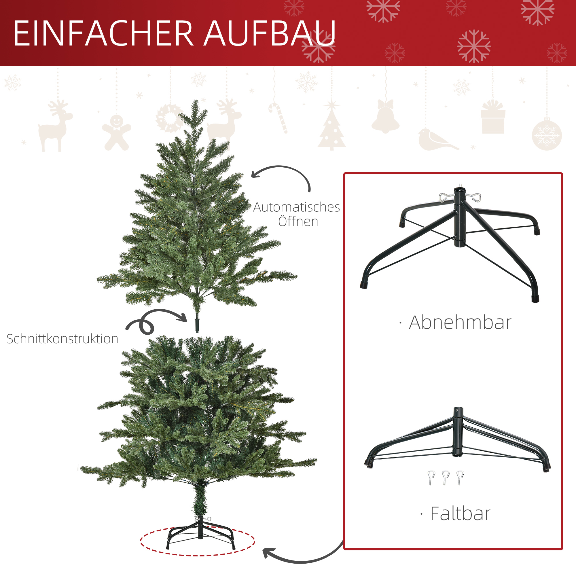 Künstlicher Weihnachtsbaum 150 cm Tannenbaum künstlich mit 444 Spitzen, 3 verschiedenen Blätterformen flammhemmend Christbaum mit Metallständer für drinnen