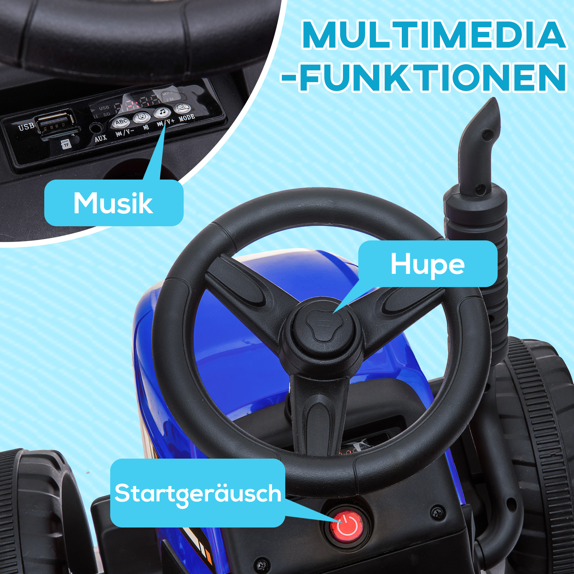 Kinder-Elektroauto mit Anhänger, Fernbedienung, Scheinwerfer, 3-6 km/h, für 3-6 Jahre, Blau