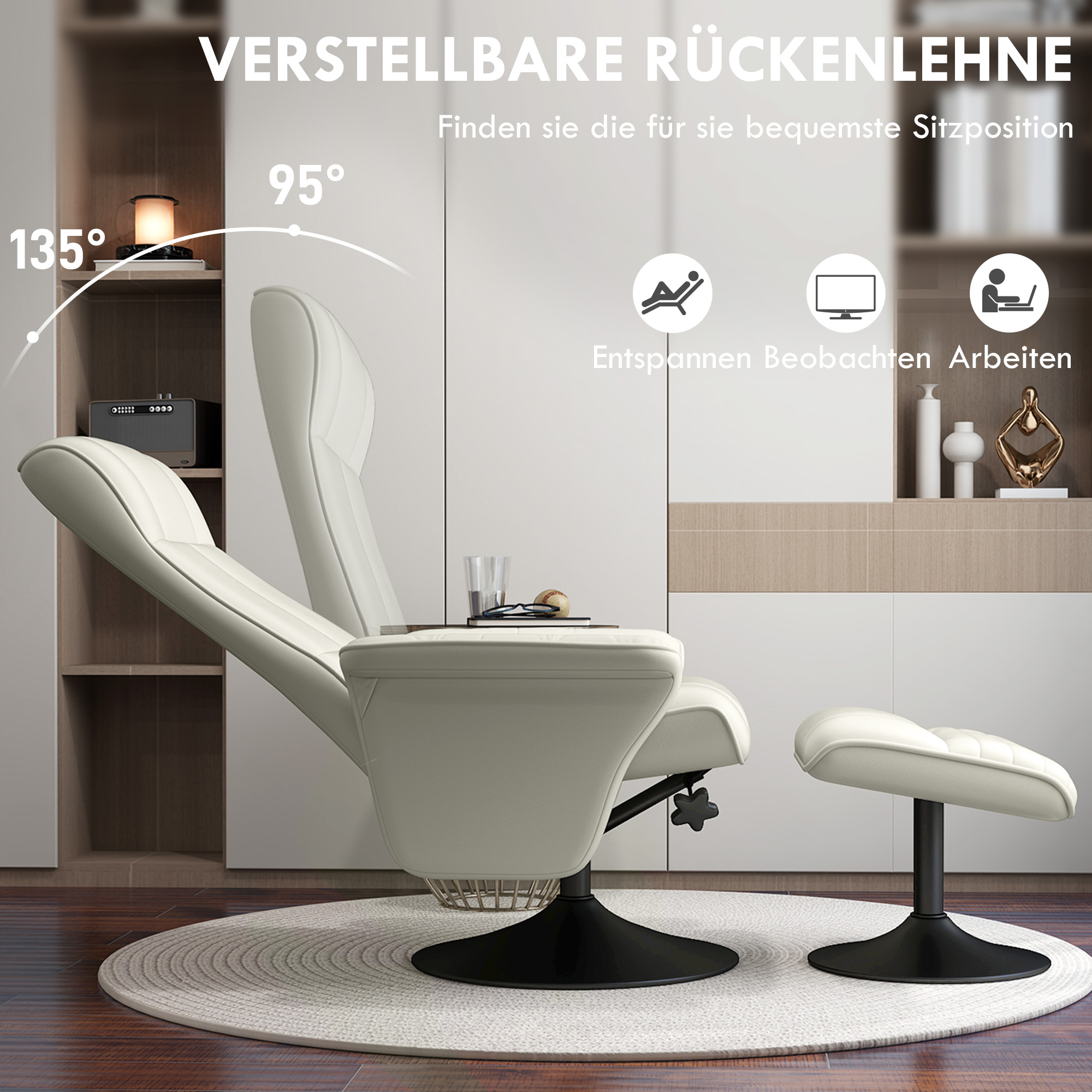 Relaxsessel, Fernsehsessel mit Hocker, drehbar, ergonomisch, Mikrofasertuchoptik, bis 150 kg, Cremeweiß