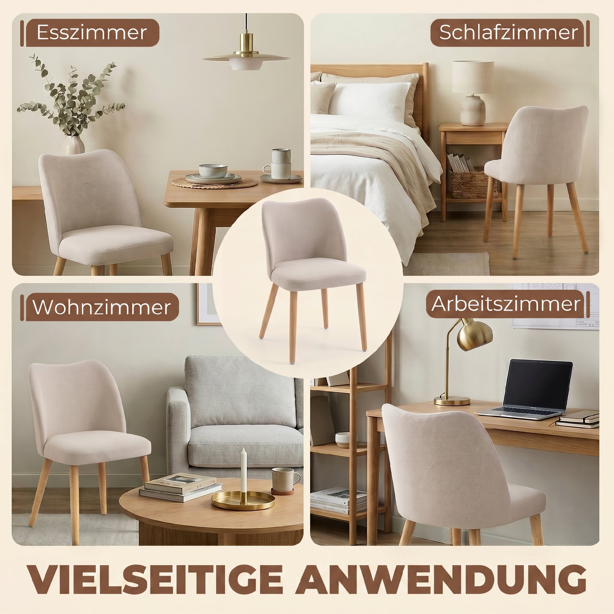 Esszimmerstühle 2er-Set, gepolsterte Küchenstühle mit Leinenoptik, für Esstisch, Wohnzimmer, Cremeweiß