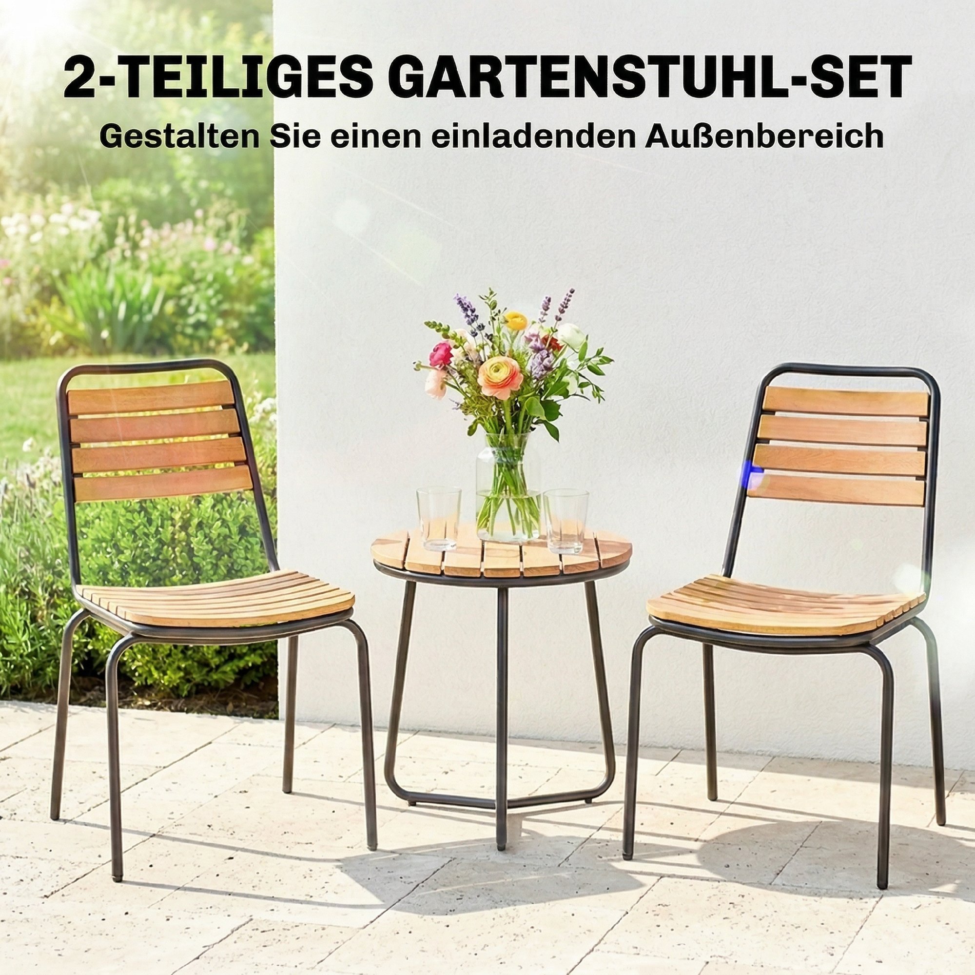 Gartenstuhl 2er Set wetterfest Gartenstühle aus Stahl und Holz Stapelstuhl mit Rückenlehne bis 160kg belastbar Naturholz