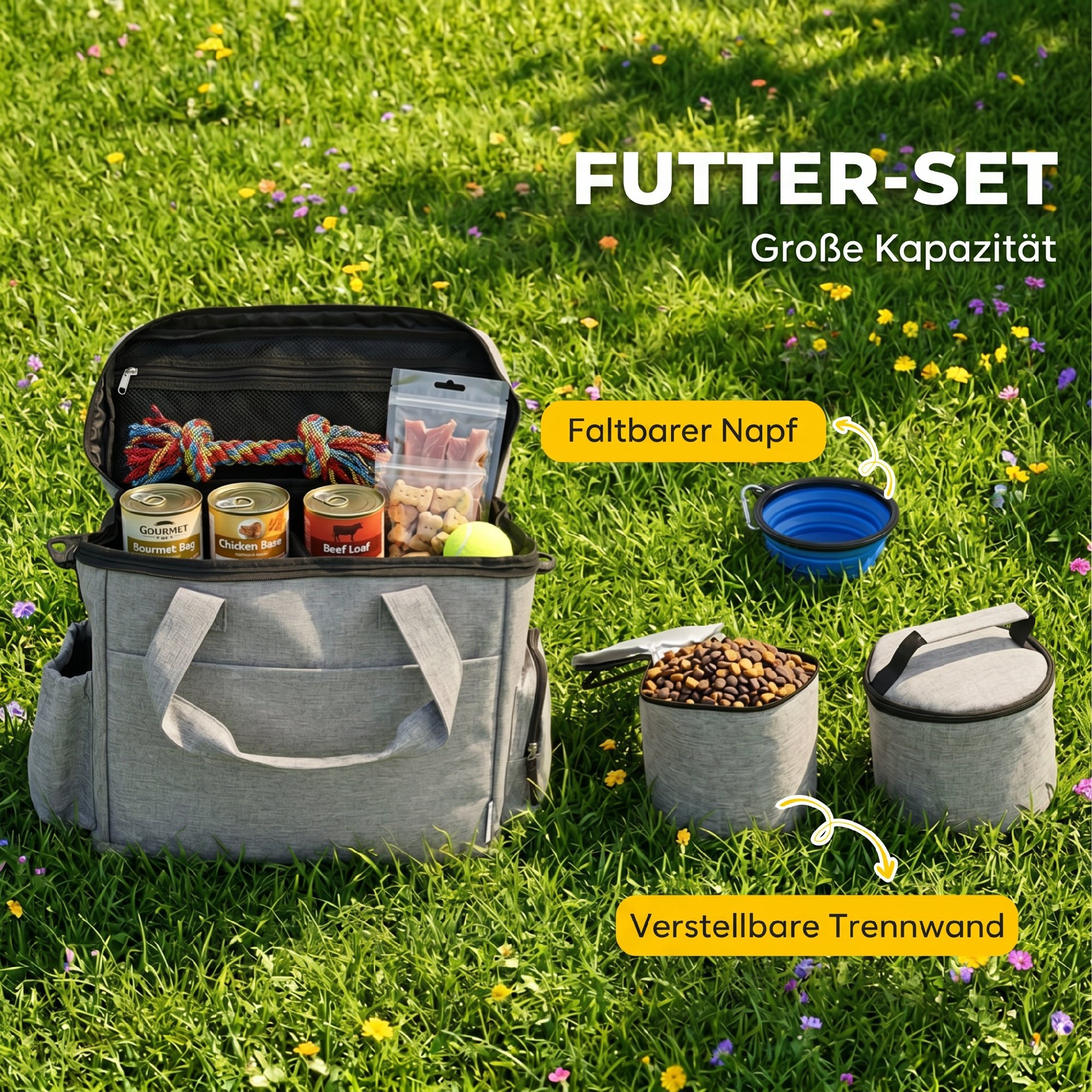 Hundebox Transportbox Hund mit mehreren Fächern 2 Futterbehältern zusammenklappbar Silikonschüssel 38x17x35 cm Hellgrau
