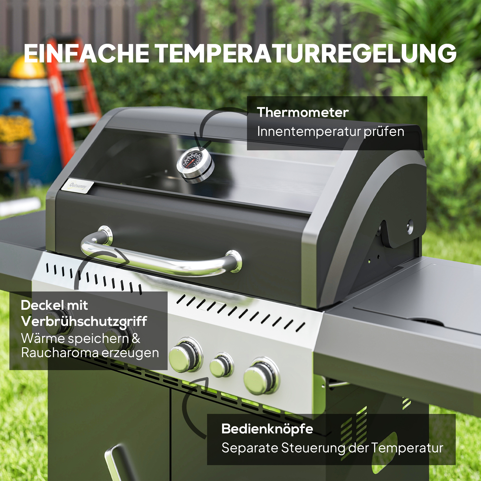 Gasgrill 12 KW Grillwagen inkl 5 Brenner Seitenkocher Rolle Deckel Thermometer Seitenablagen 135 x 54 x 110 cm