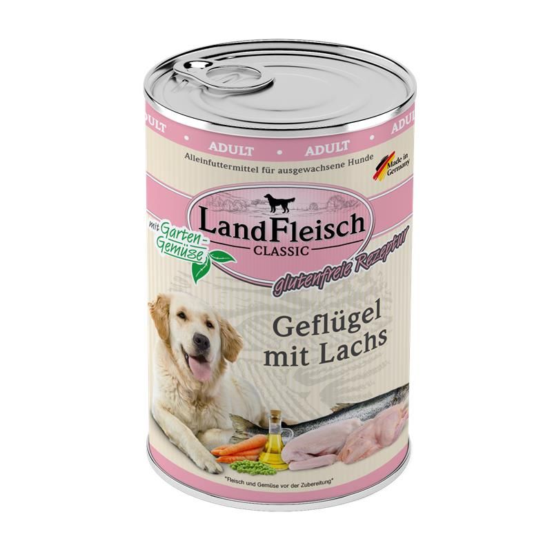 Landfleisch Dog Classic Geflügel mit Lachs & Gartengemüse - 400g Landfleisch Dog Classic Geflügel mit Lachs & Gartengemüse - 400g