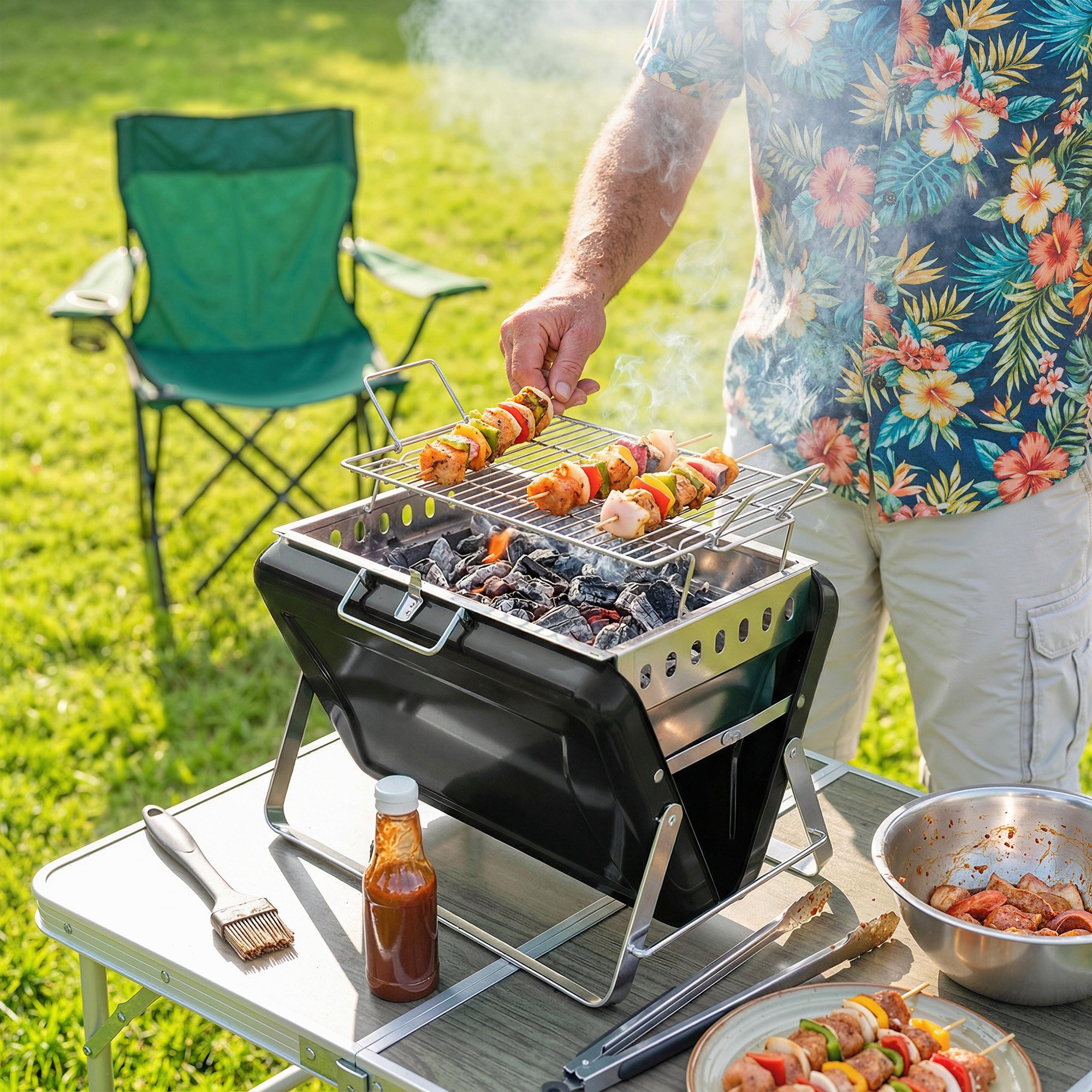 Holzkohlegrill aus Edelstahl BBQ Smoker mit Grillrost Griff klappbaren Beinen für Barbeque Camping 40x28x25,5cm Schwarz