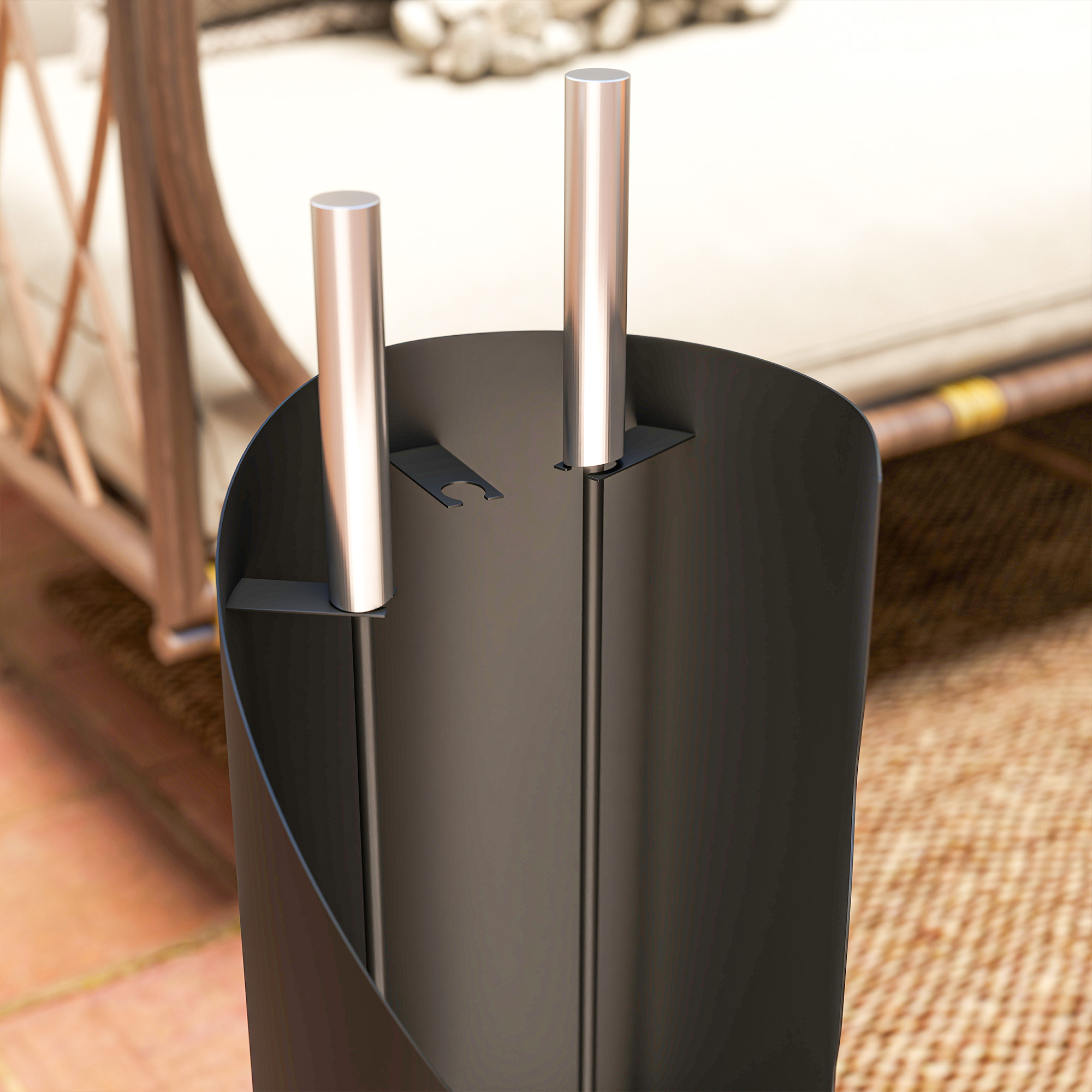 Kaminbesteck Set 4-teilig Kaminzubehör mit Besen, Schaufel, Schürhaken und Korb, Kamingarnitur, Metall, Schwarz