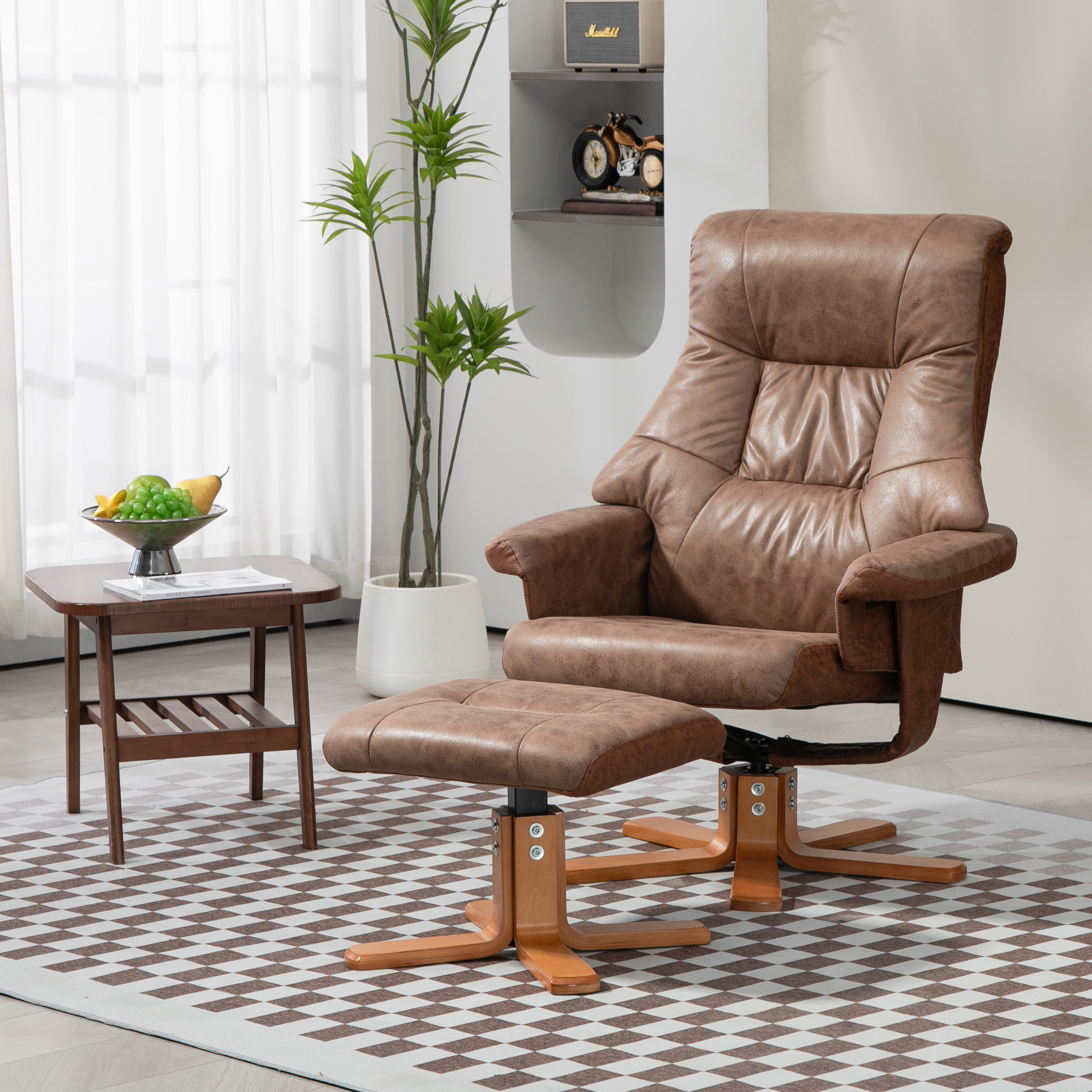 Relaxsessel mit Hocker, 360° drehbar, 135° neigbar, atmungsaktiver Bezug, 78 x 82,5 x 109 cm, braun